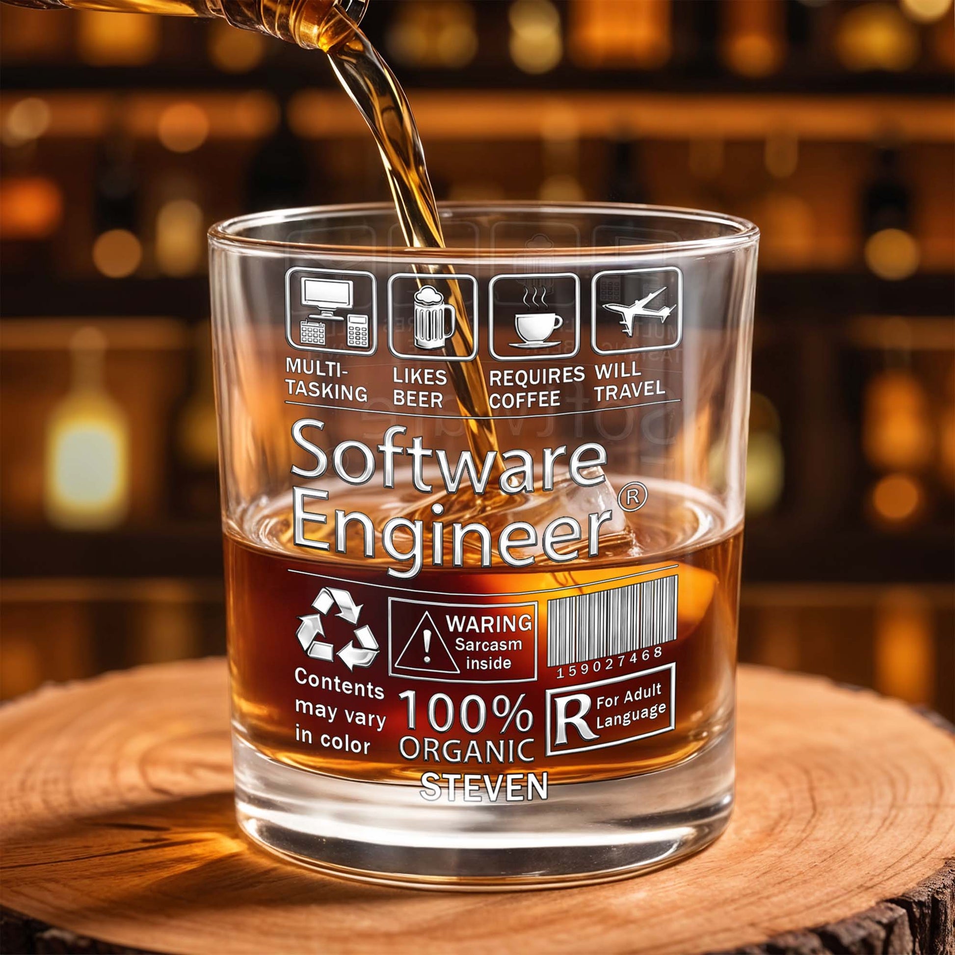 Multi-Tasking Software Engineer With Beer Coffee And Travel Icons - Personalized Custom Whiskey Glass - JBS103_RWG