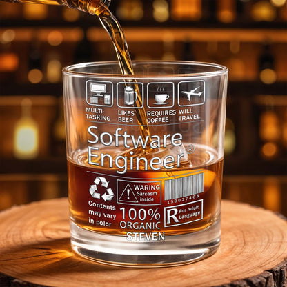 Multi-Tasking Software Engineer With Beer Coffee And Travel Icons - Personalized Custom Whiskey Glass - JBS103_RWG