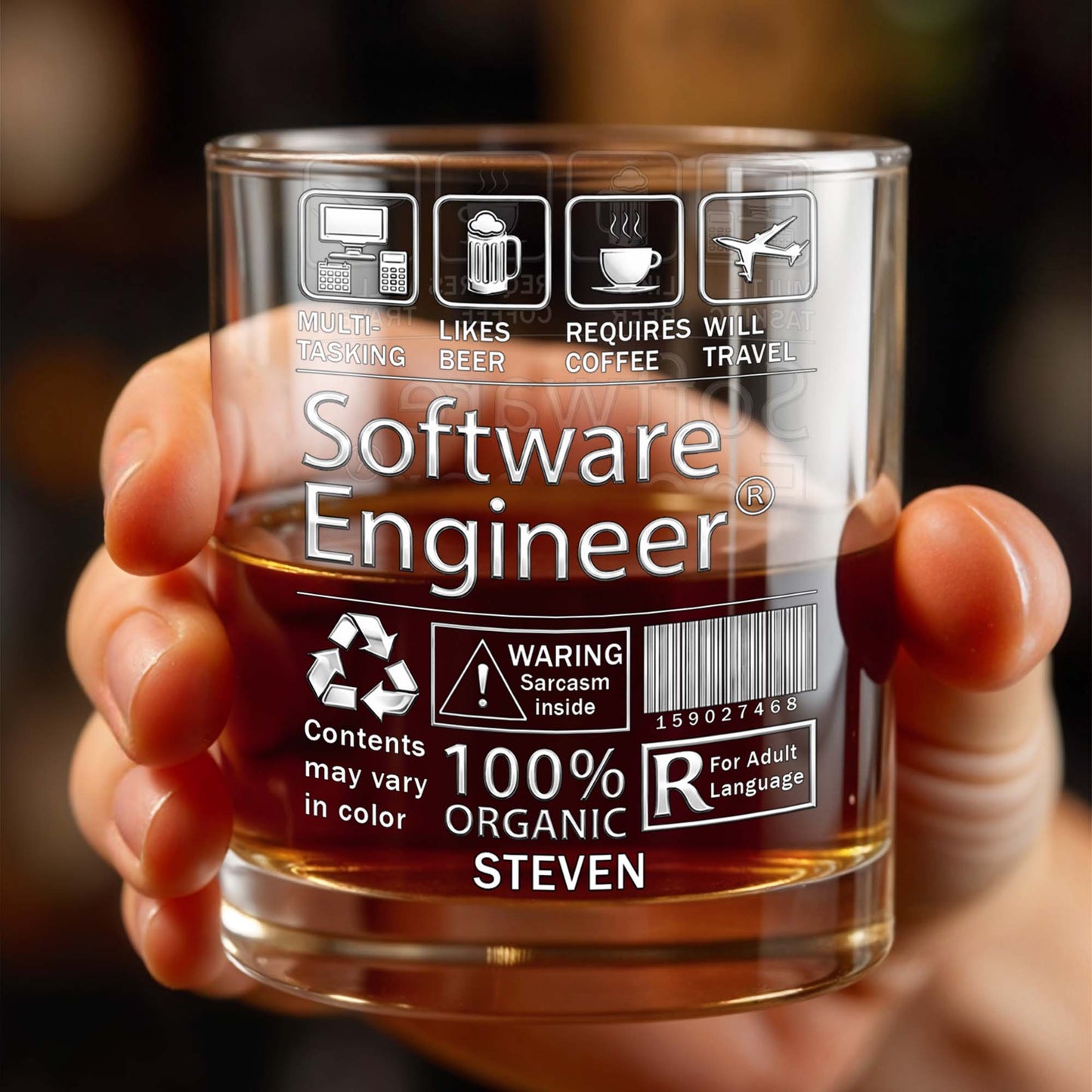 Multi-Tasking Software Engineer With Beer Coffee And Travel Icons - Personalized Custom Whiskey Glass - JBS103_RWG