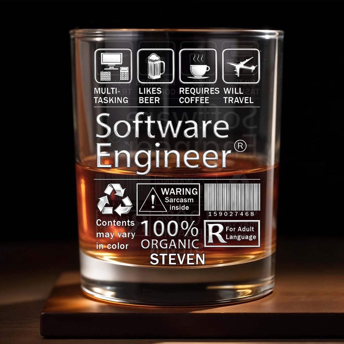 Multi-Tasking Software Engineer With Beer Coffee And Travel Icons - Personalized Custom Whiskey Glass - JBS103_RWG