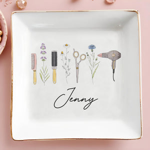 Creativity And Nature Hairstylist Design With Flowers And Hair Tools - Personalized Custom Jewelry Dish, Square Ceramic Dish - JBS166_SCRD