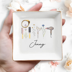 Creativity And Nature Hairstylist Design With Flowers And Hair Tools - Personalized Custom Jewelry Dish, Square Ceramic Dish - JBS166_SCRD