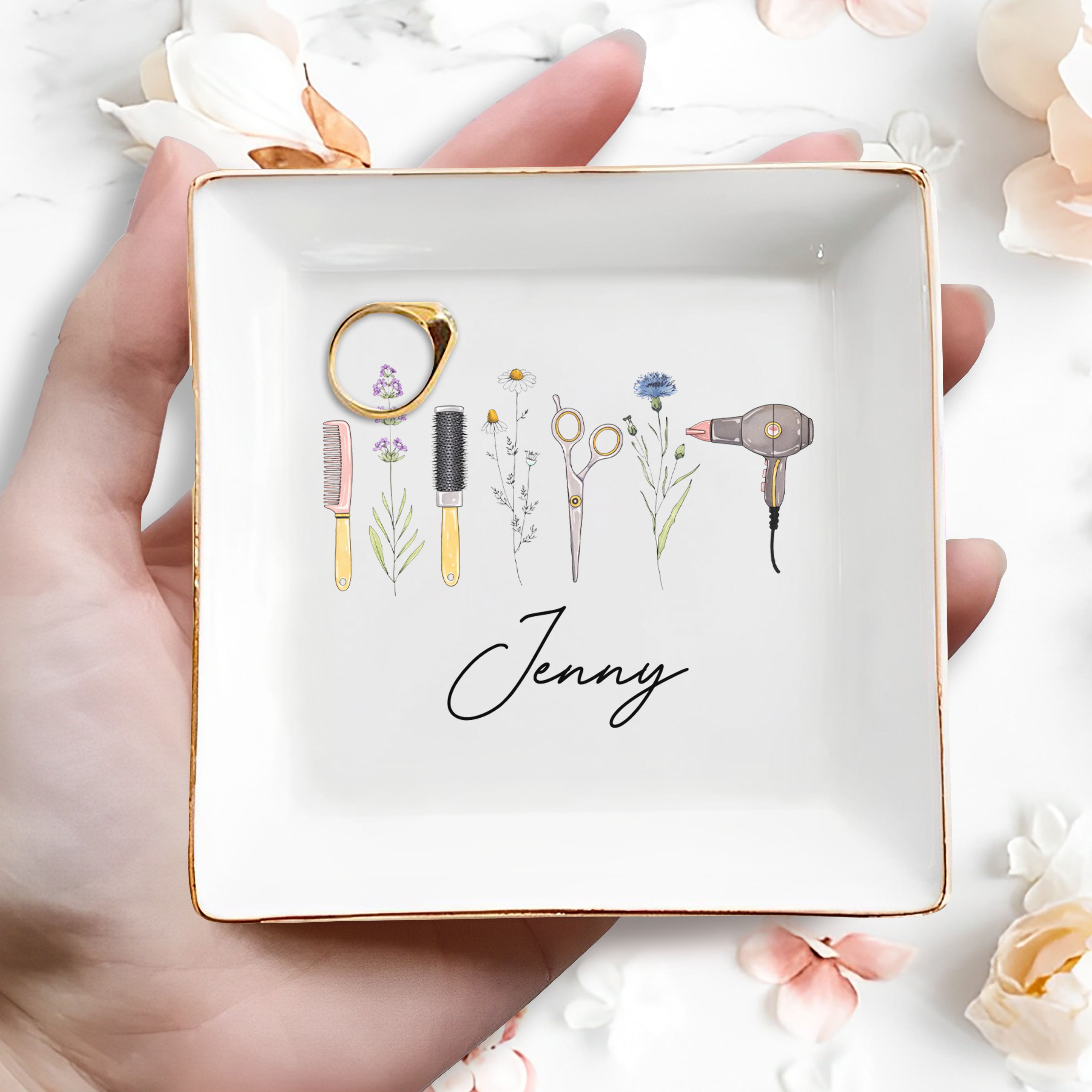 Creativity And Nature Hairstylist Design With Flowers And Hair Tools - Personalized Custom Jewelry Dish, Square Ceramic Dish - JBS166_SCRD