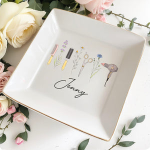 Creativity And Nature Hairstylist Design With Flowers And Hair Tools - Personalized Custom Jewelry Dish, Square Ceramic Dish - JBS166_SCRD