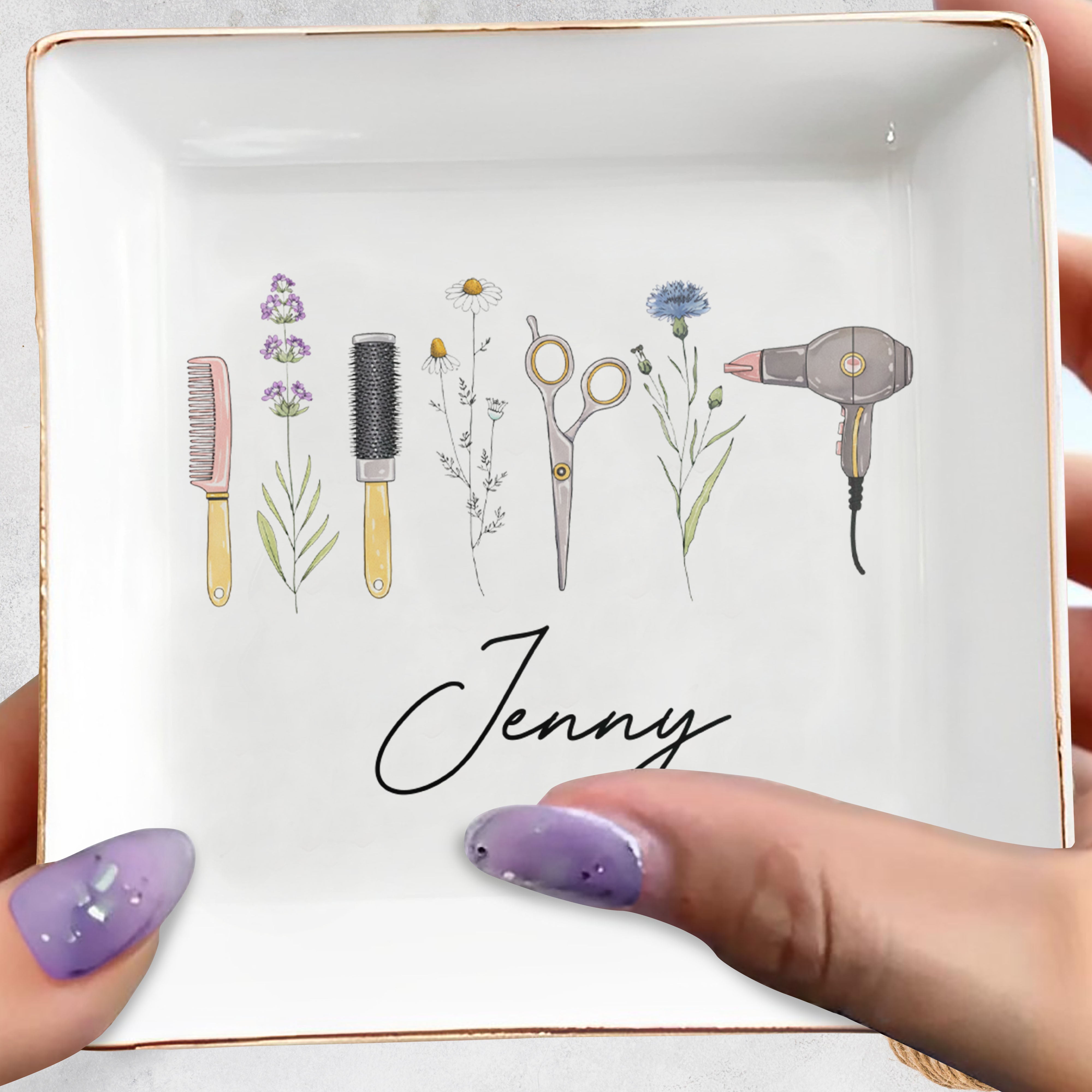 Creativity And Nature Hairstylist Design With Flowers And Hair Tools - Personalized Custom Jewelry Dish, Square Ceramic Dish - JBS166_SCRD