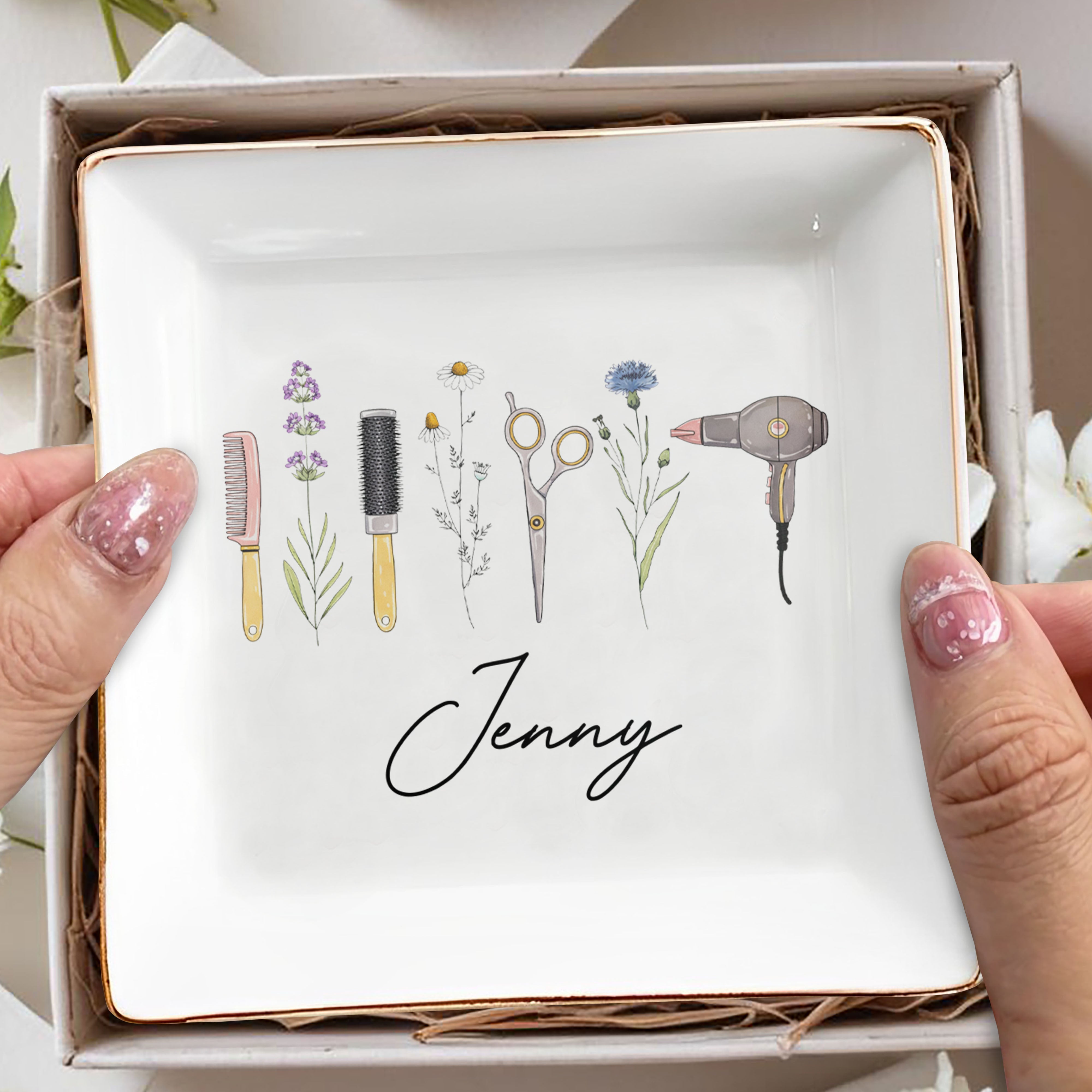 Creativity And Nature Hairstylist Design With Flowers And Hair Tools - Personalized Custom Jewelry Dish, Square Ceramic Dish - JBS166_SCRD