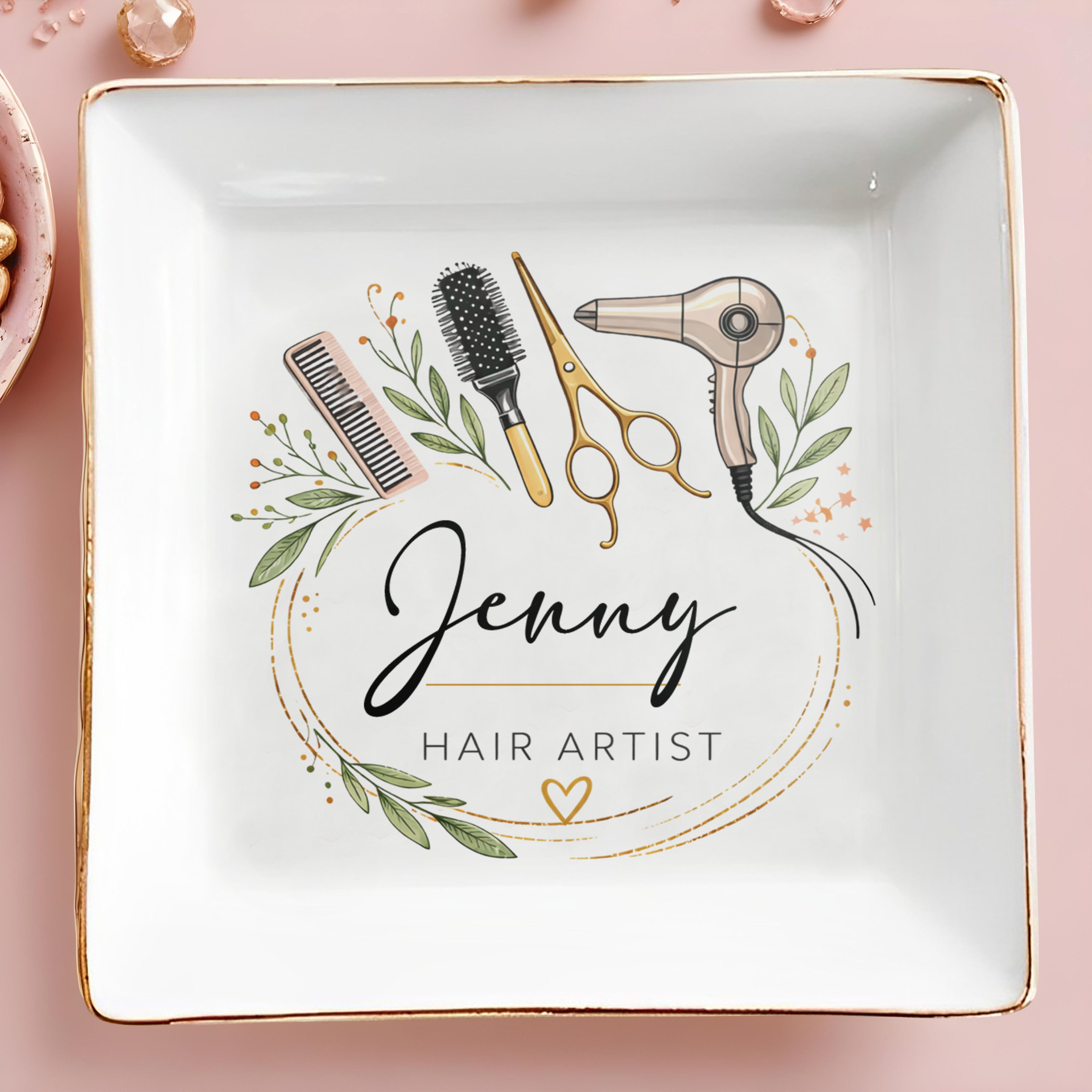Hair Artist Floral Wreath With Hair Dryer Scissors And Comb - Personalized Custom Jewelry Dish, Square Ceramic Dish - JBS167_SCRD