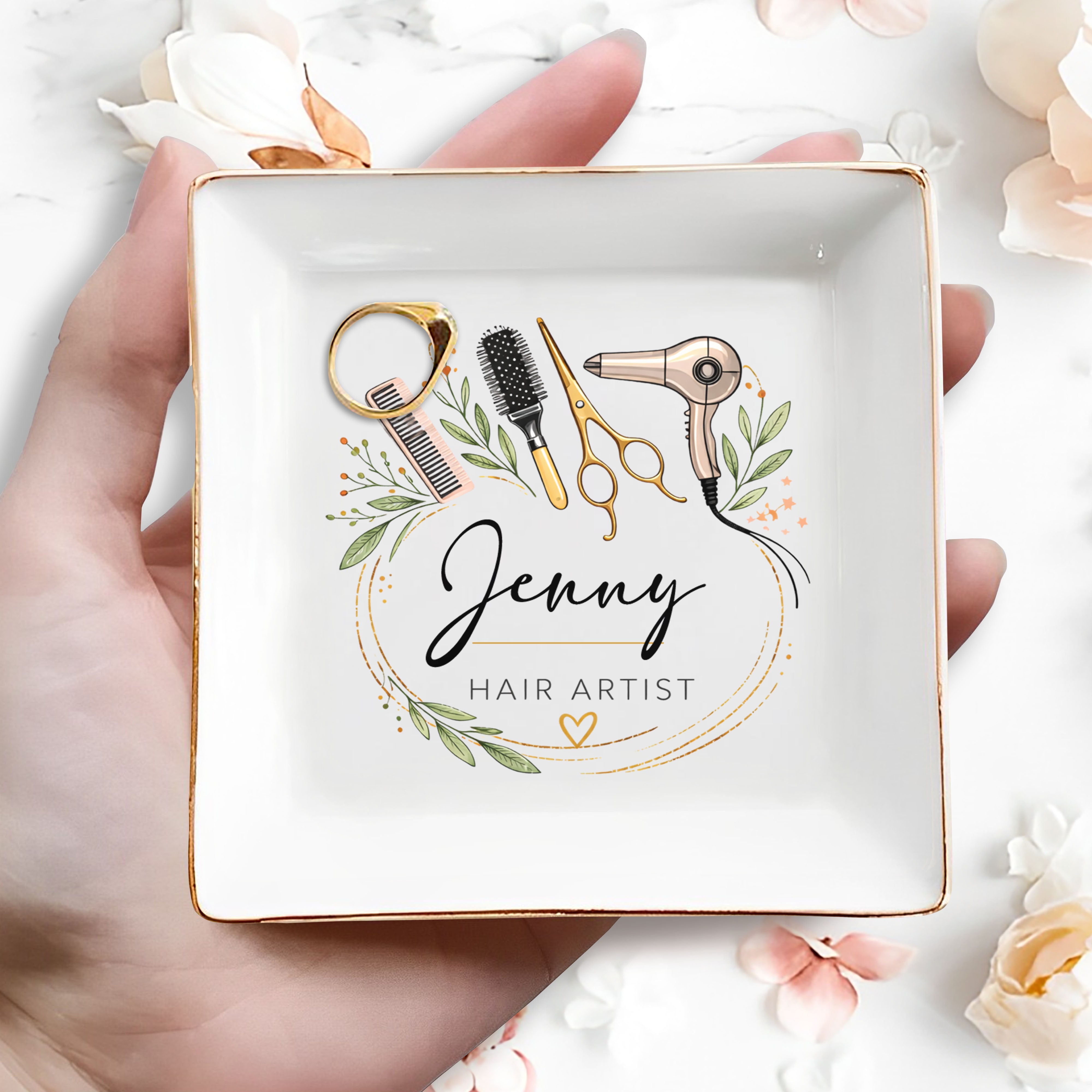 Hair Artist Floral Wreath With Hair Dryer Scissors And Comb - Personalized Custom Jewelry Dish, Square Ceramic Dish - JBS167_SCRD