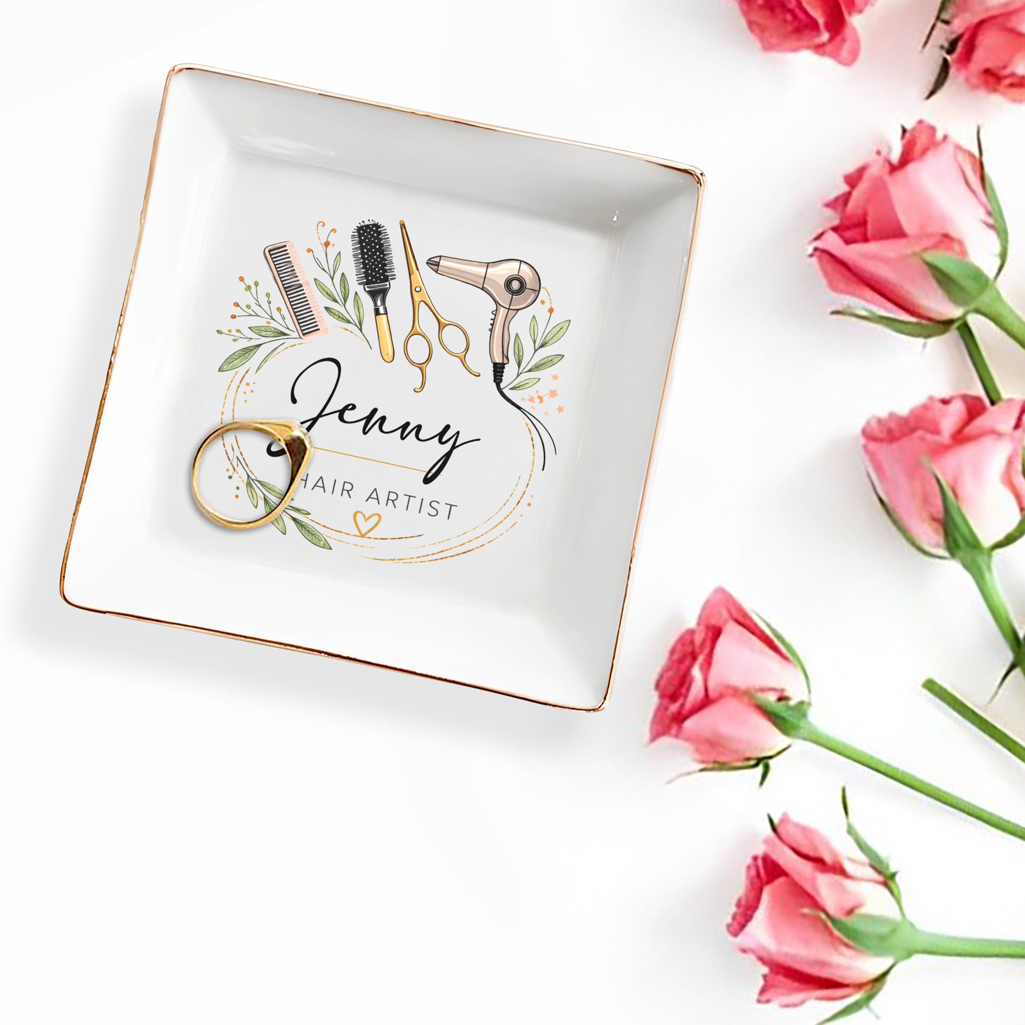 Hair Artist Floral Wreath With Hair Dryer Scissors And Comb - Personalized Custom Jewelry Dish, Square Ceramic Dish - JBS167_SCRD