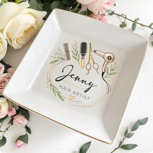 Hair Artist Floral Wreath With Hair Dryer Scissors And Comb - Personalized Custom Jewelry Dish, Square Ceramic Dish - JBS167_SCRD