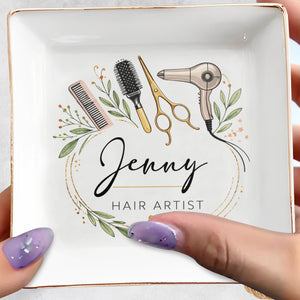 Hair Artist Floral Wreath With Hair Dryer Scissors And Comb - Personalized Custom Jewelry Dish, Square Ceramic Dish - JBS167_SCRD