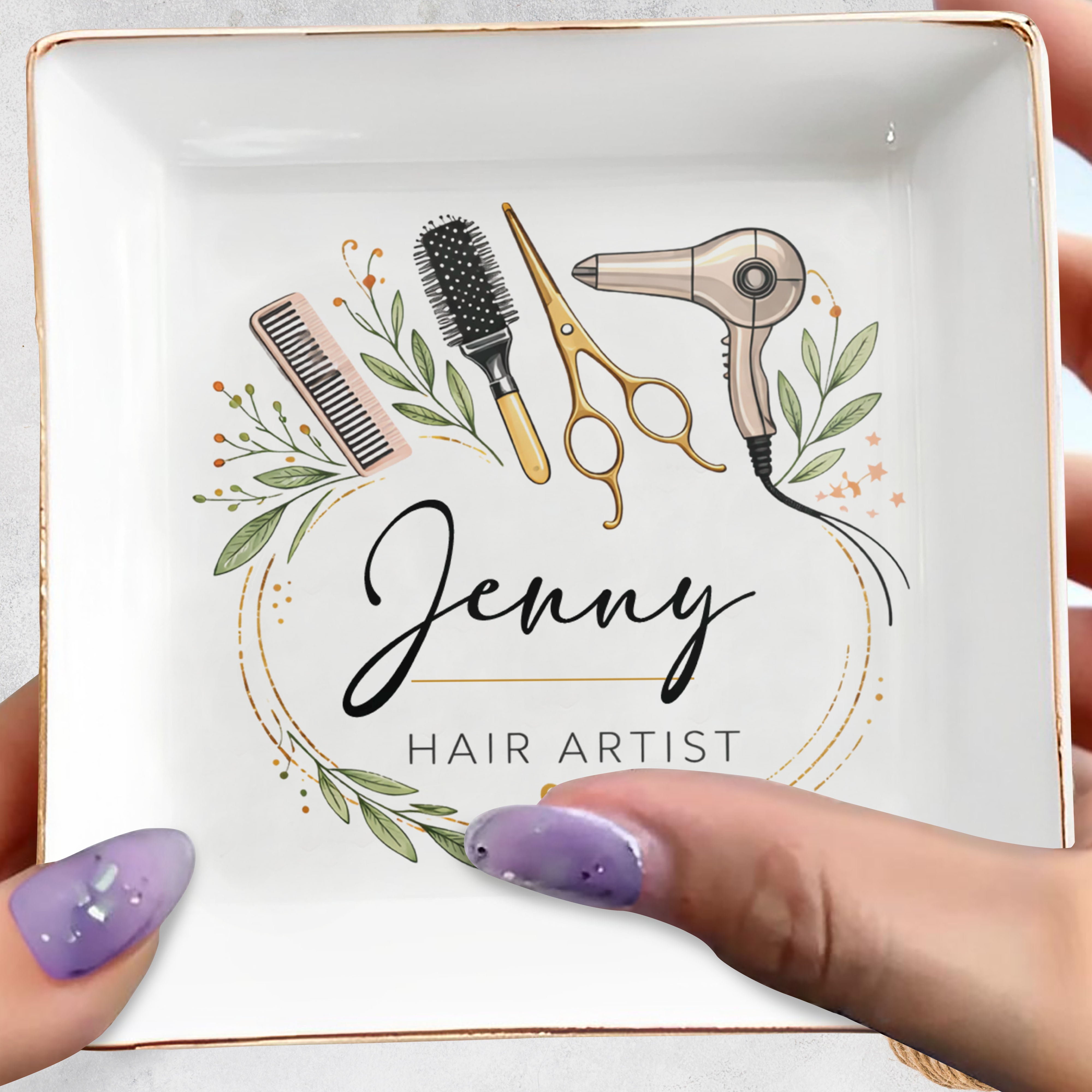 Hair Artist Floral Wreath With Hair Dryer Scissors And Comb - Personalized Custom Jewelry Dish, Square Ceramic Dish - JBS167_SCRD