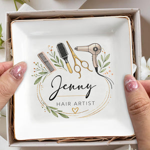 Hair Artist Floral Wreath With Hair Dryer Scissors And Comb - Personalized Custom Jewelry Dish, Square Ceramic Dish - JBS167_SCRD