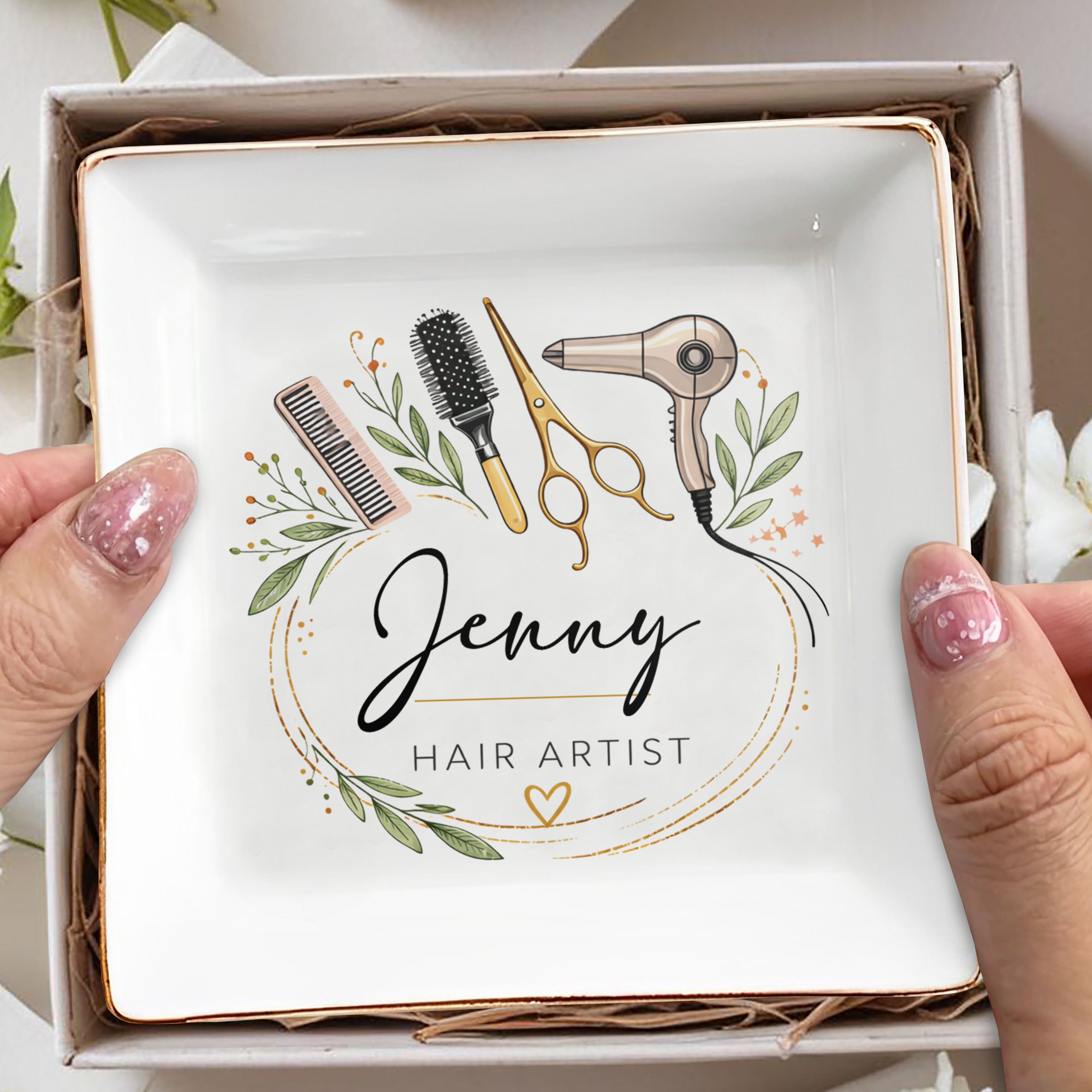Hair Artist Floral Wreath With Hair Dryer Scissors And Comb - Personalized Custom Jewelry Dish, Square Ceramic Dish - JBS167_SCRD