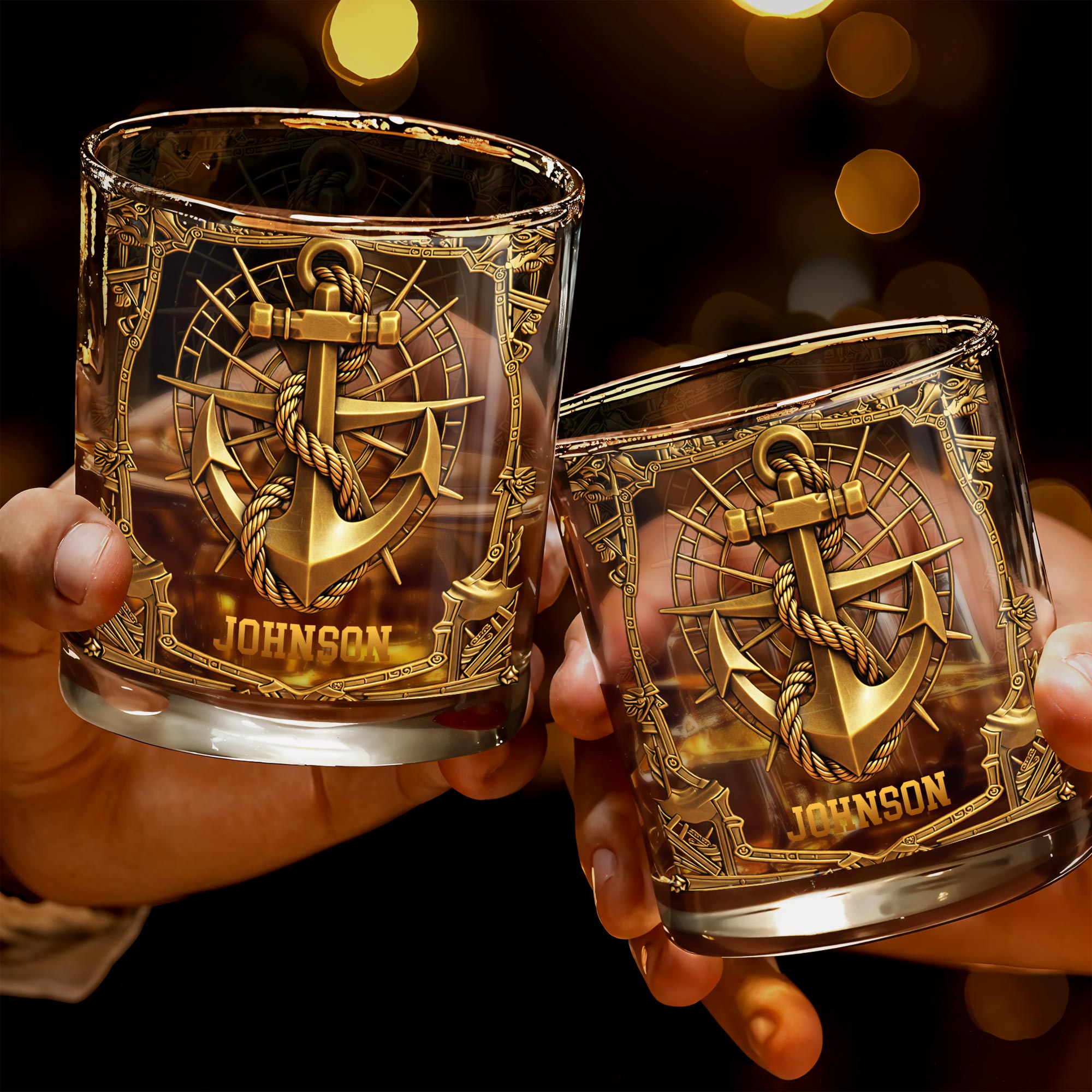 Sailing Through Life With Strength And Honor 3D Golden Anchor - Personalized Custom Whiskey Glass - JBS194_RWG