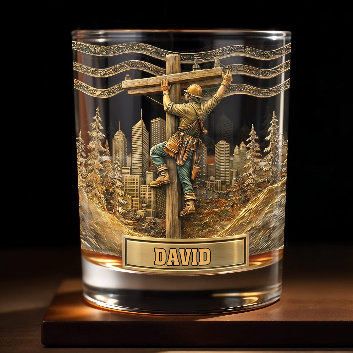 Lineman Climbing Utility Pole With City Skyline And Pine Trees Design - Personalized Custom Whiskey Glass - JBS286_RWG