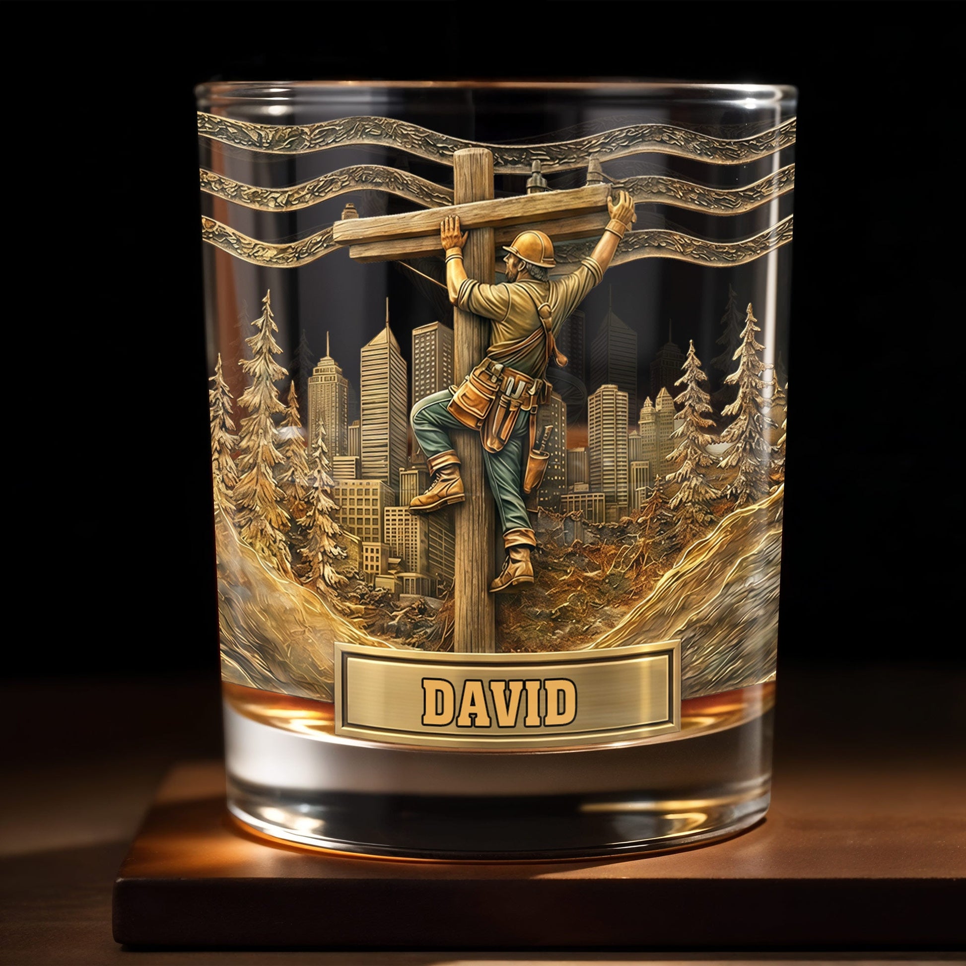 Lineman Climbing Utility Pole With City Skyline And Pine Trees Design - Personalized Custom Whiskey Glass - JBS286_RWG