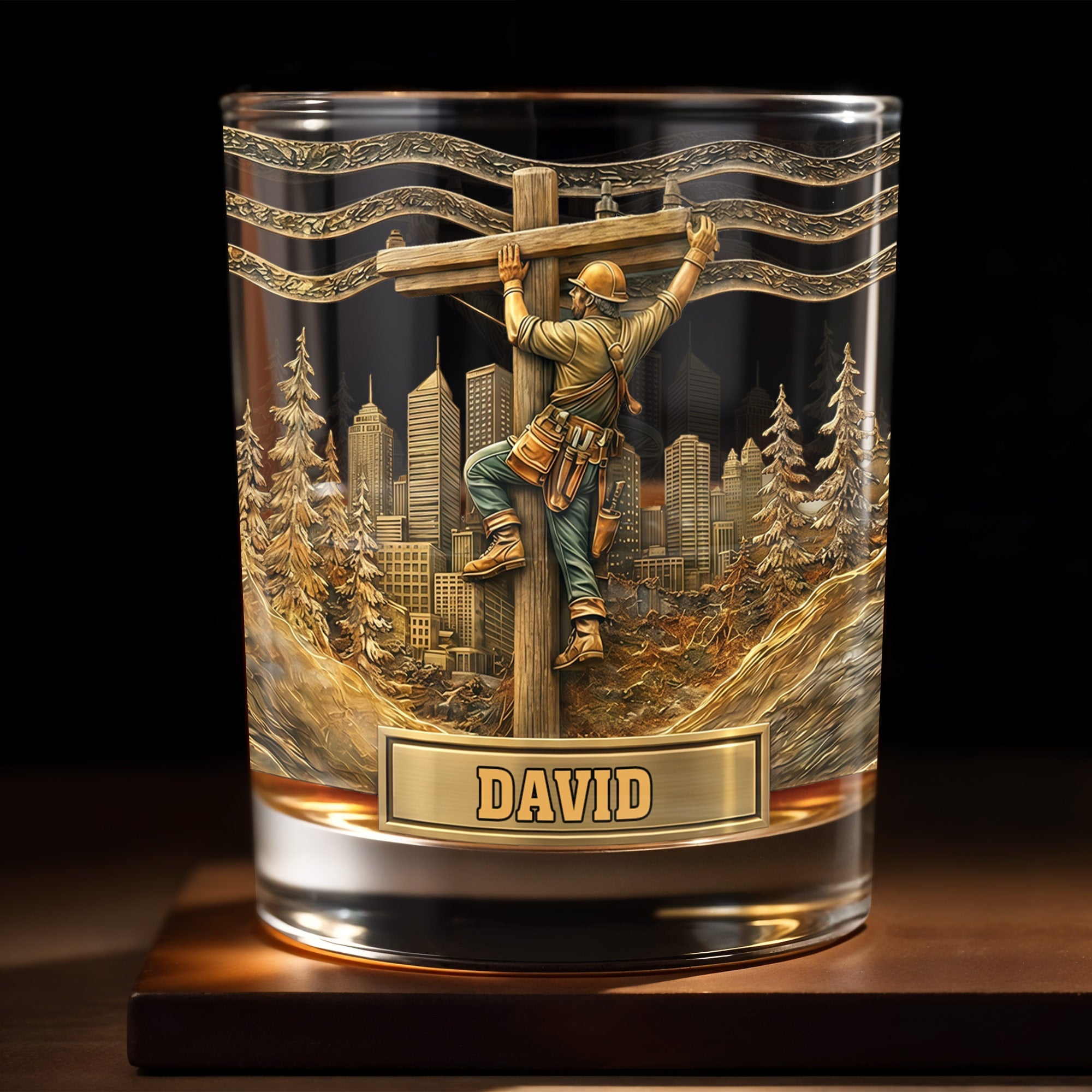 Lineman Climbing Utility Pole With City Skyline And Pine Trees Design - Personalized Custom Whiskey Glass - JBS286_RWG