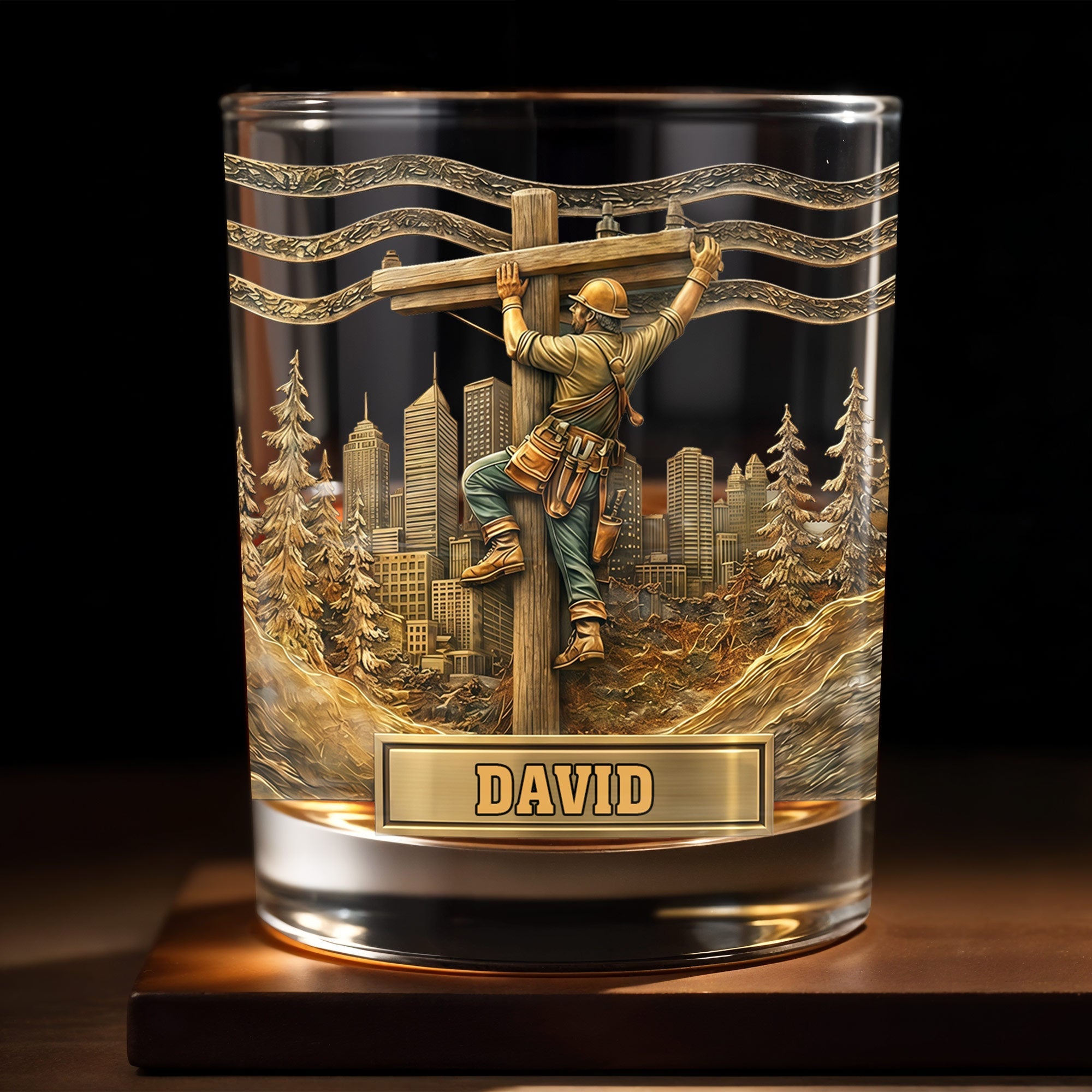 Lineman Climbing Utility Pole With City Skyline And Pine Trees Design - Personalized Custom Whiskey Glass - JBS286_RWG