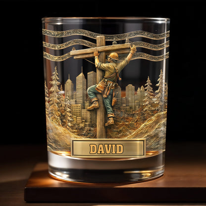 Lineman Climbing Utility Pole With City Skyline And Pine Trees Design - Personalized Custom Whiskey Glass - JBS286_RWG