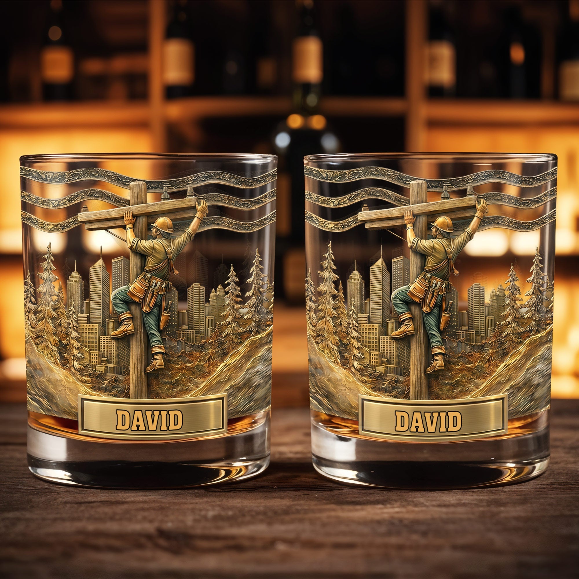 Lineman Climbing Utility Pole With City Skyline And Pine Trees Design - Personalized Custom Whiskey Glass - JBS286_RWG
