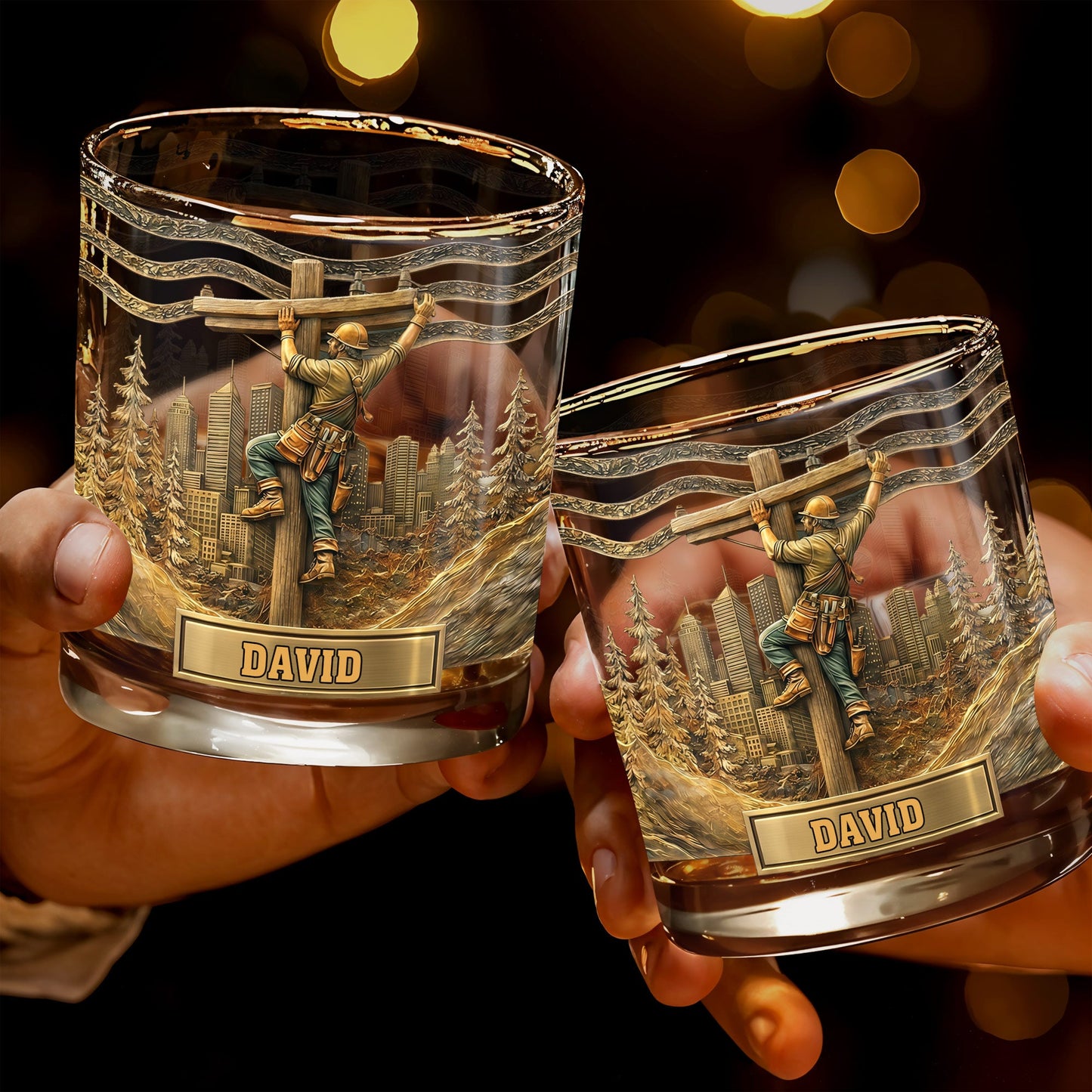 Lineman Climbing Utility Pole With City Skyline And Pine Trees Design - Personalized Custom Whiskey Glass - JBS286_RWG