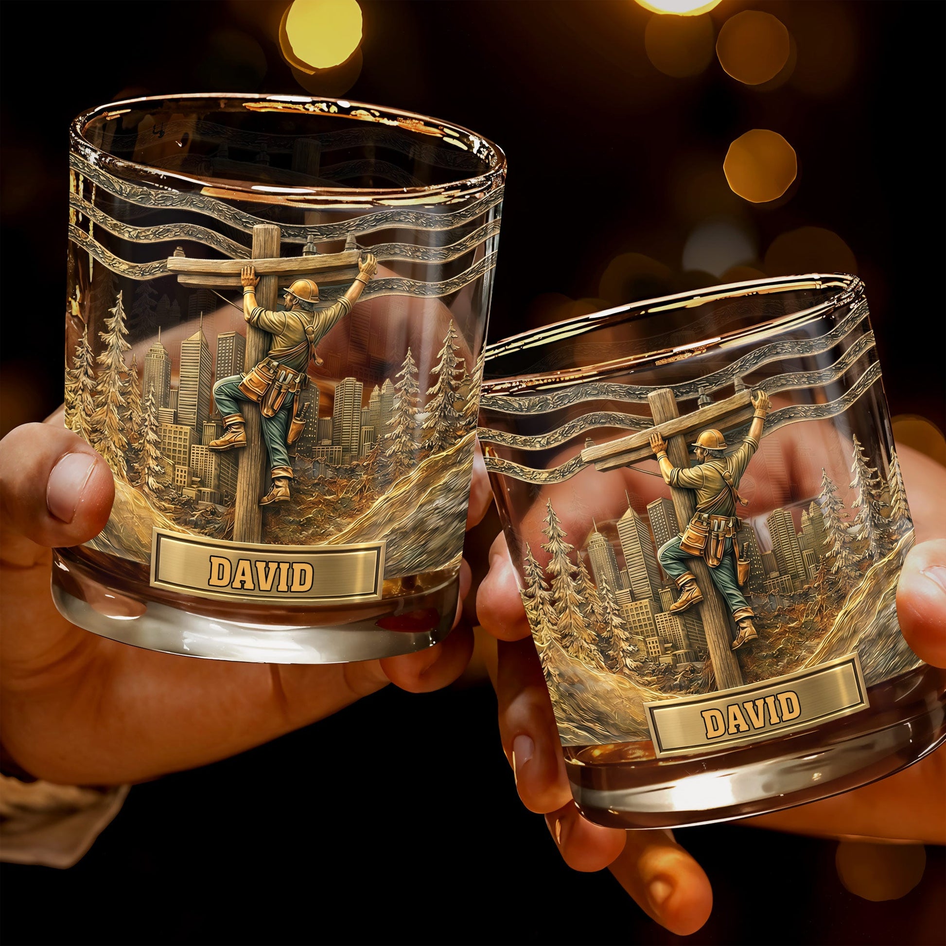 Lineman Climbing Utility Pole With City Skyline And Pine Trees Design - Personalized Custom Whiskey Glass - JBS286_RWG