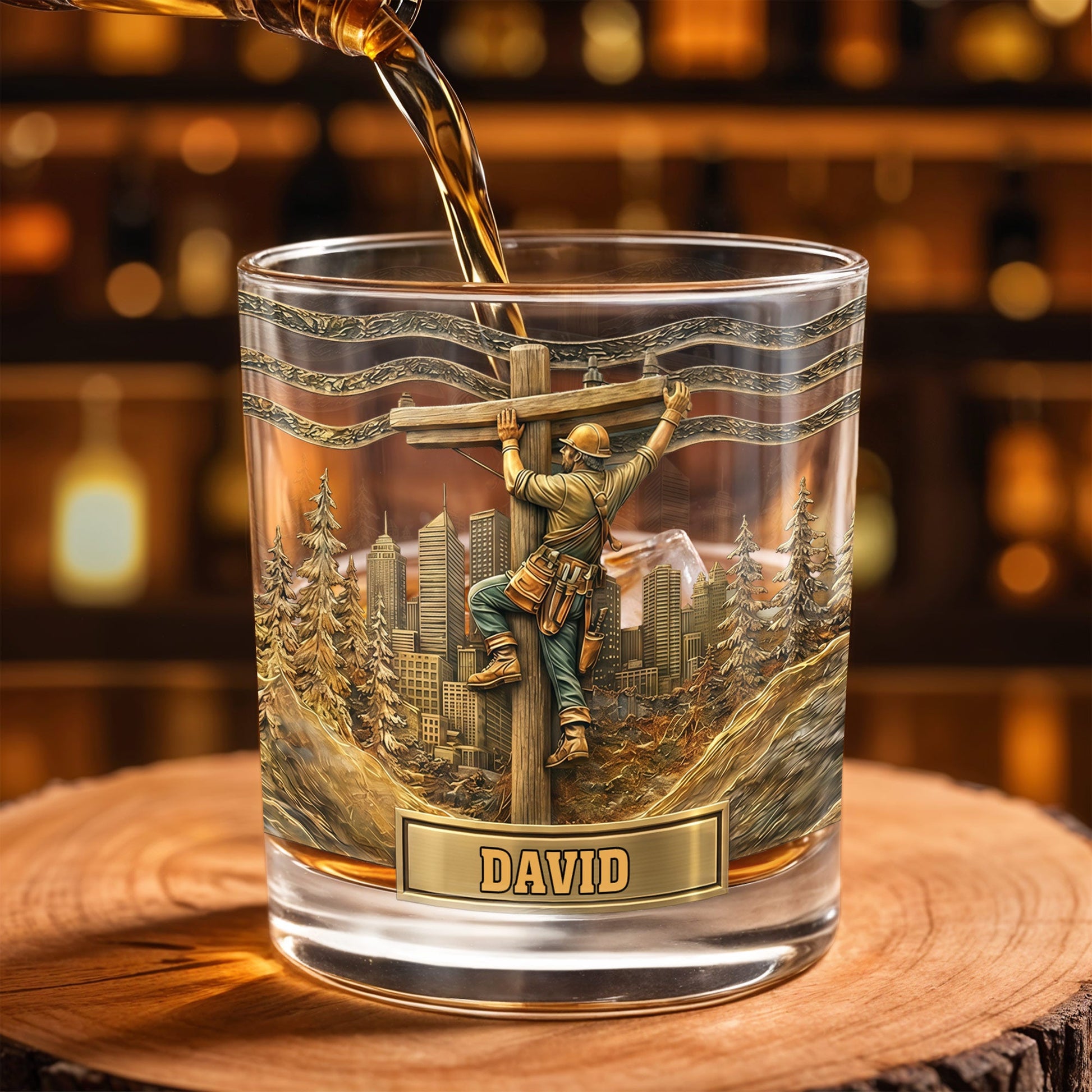 Lineman Climbing Utility Pole With City Skyline And Pine Trees Design - Personalized Custom Whiskey Glass - JBS286_RWG