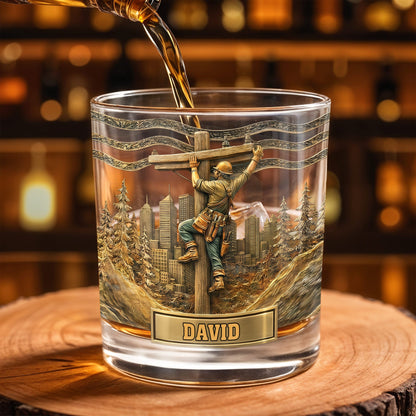 Lineman Climbing Utility Pole With City Skyline And Pine Trees Design - Personalized Custom Whiskey Glass - JBS286_RWG