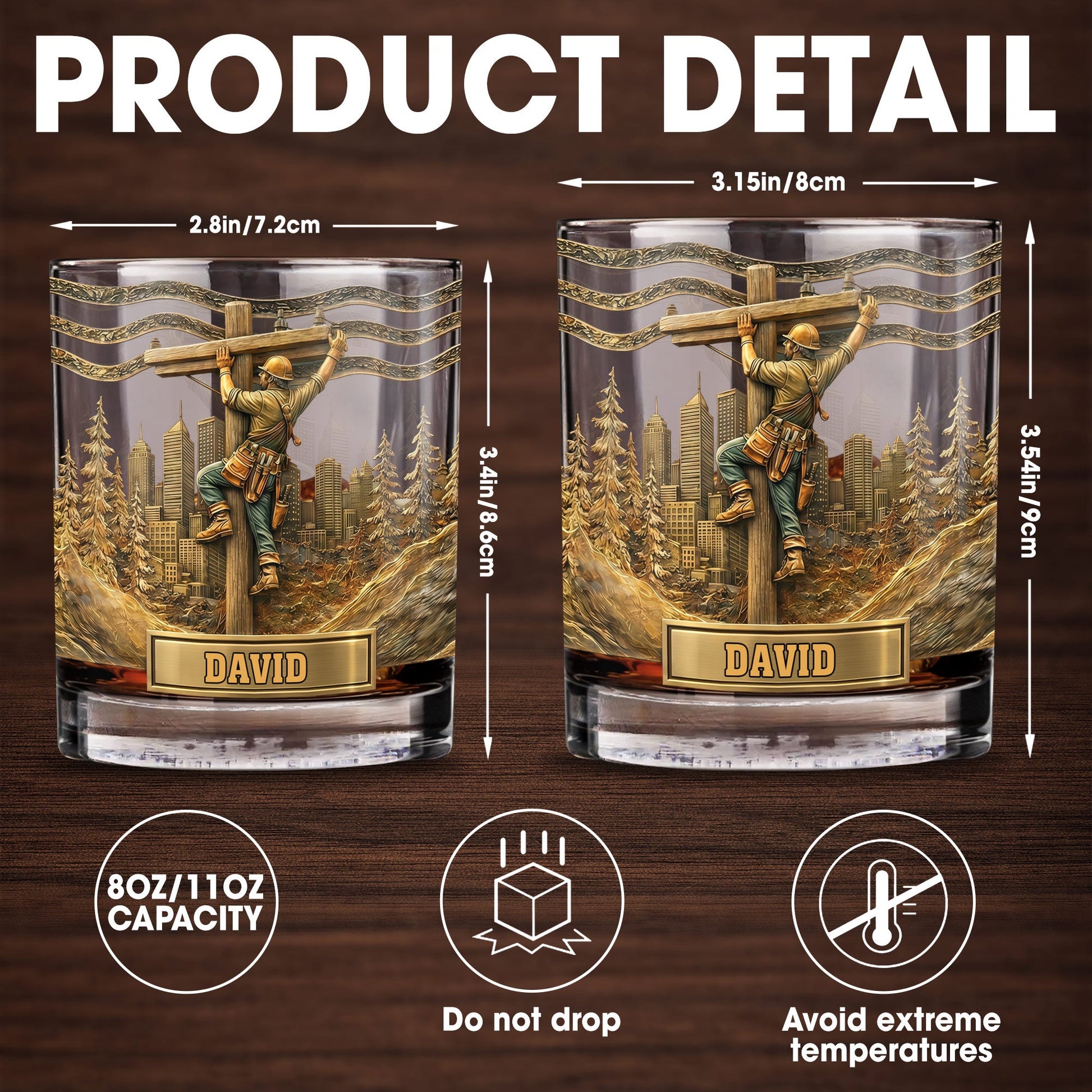 Lineman Climbing Utility Pole With City Skyline And Pine Trees Design - Personalized Custom Whiskey Glass - JBS286_RWG