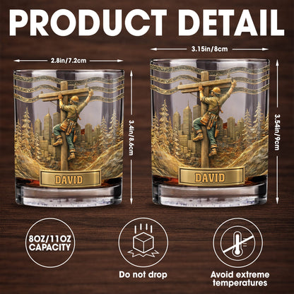 Lineman Climbing Utility Pole With City Skyline And Pine Trees Design - Personalized Custom Whiskey Glass - JBS286_RWG