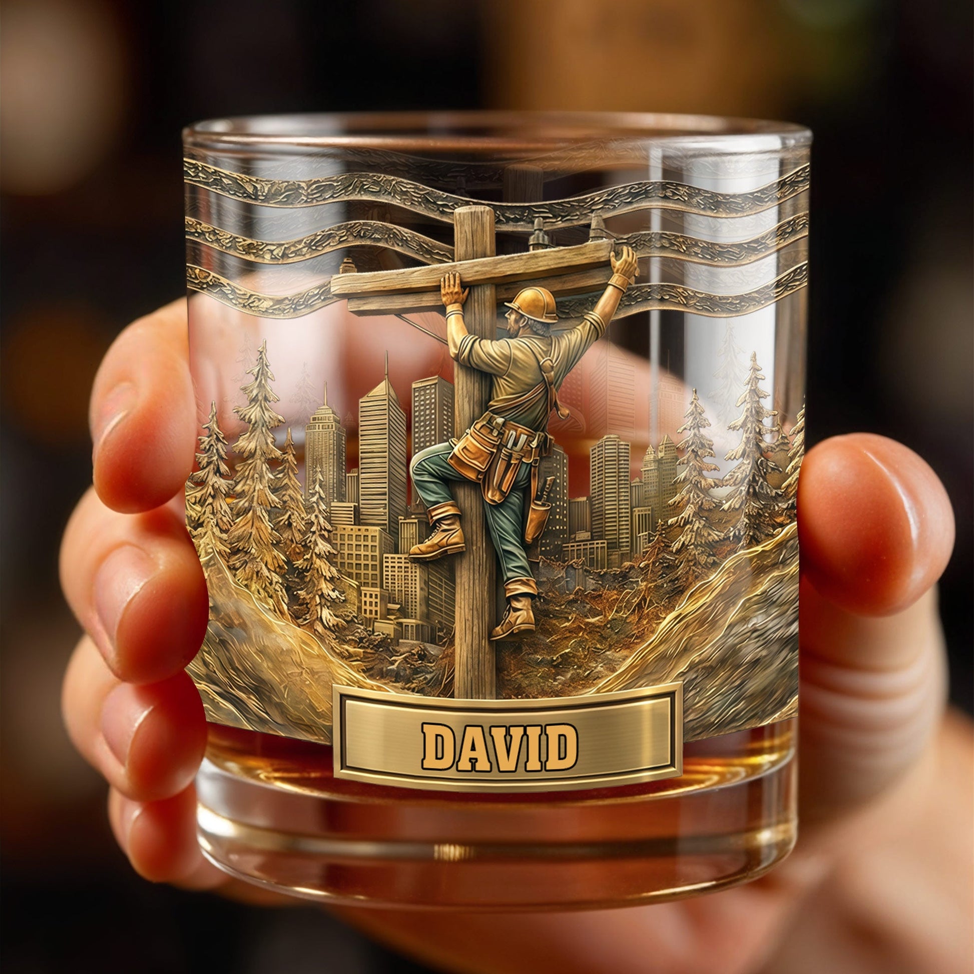 Lineman Climbing Utility Pole With City Skyline And Pine Trees Design - Personalized Custom Whiskey Glass - JBS286_RWG