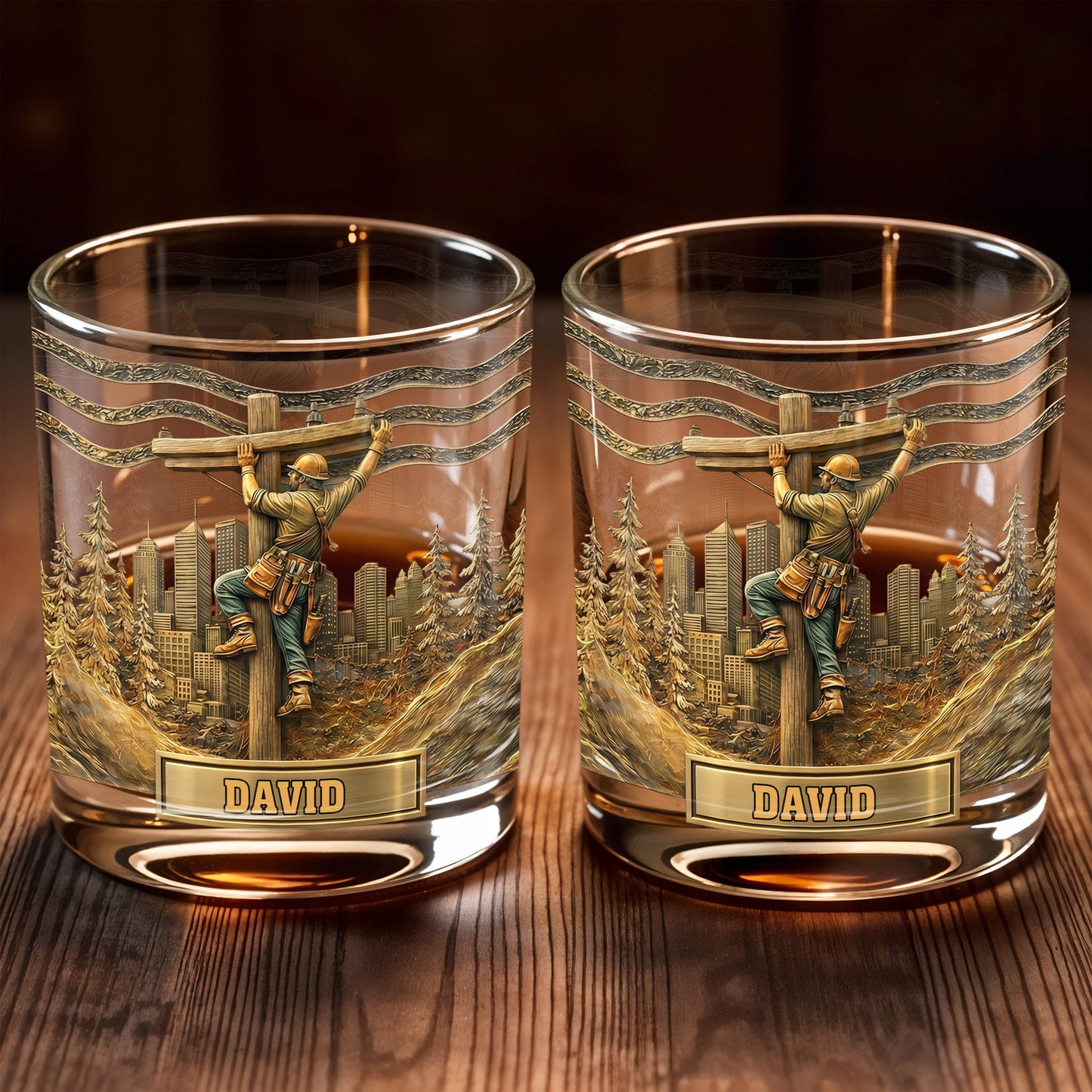 Lineman Climbing Utility Pole With City Skyline And Pine Trees Design - Personalized Custom Whiskey Glass - JBS286_RWG