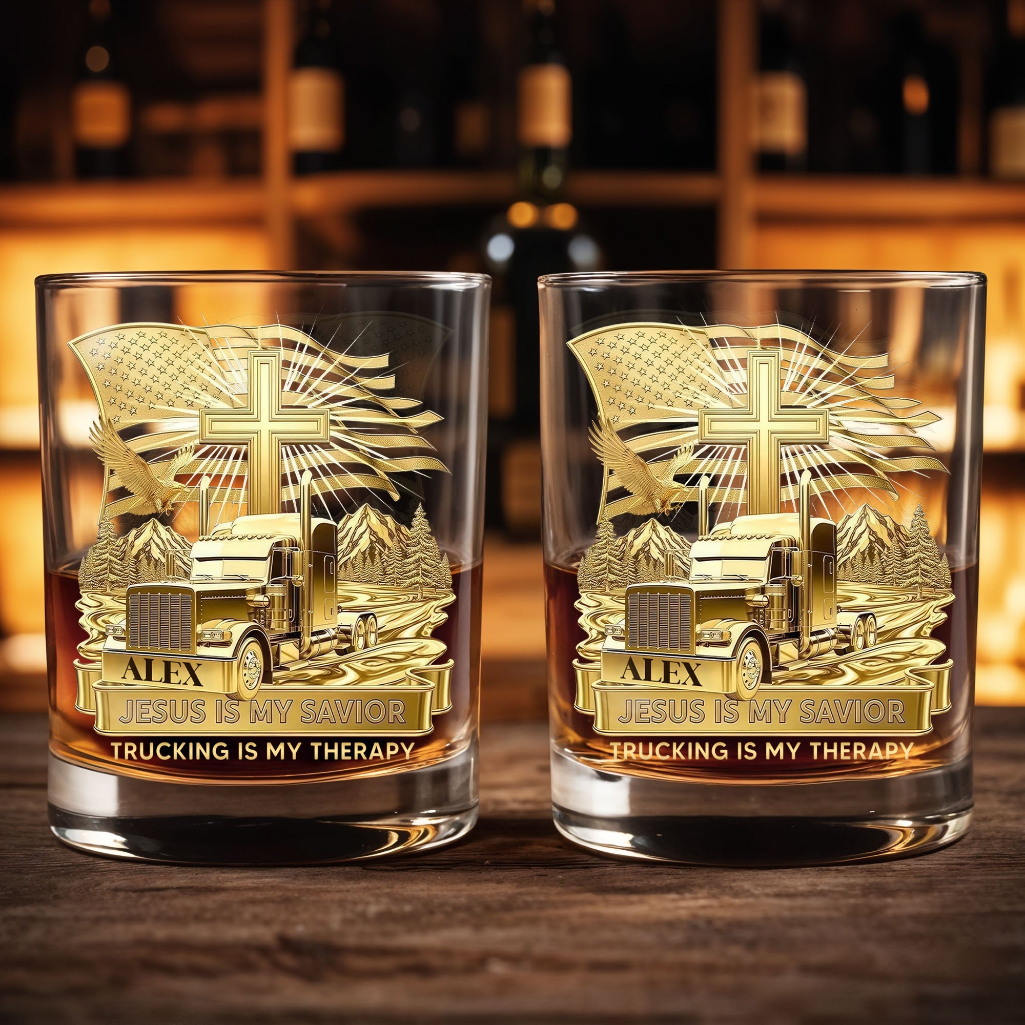 Jesus Is My Savior Trucking Is My Therapy With Cross And Truck Design - Personalized Custom Whiskey Glass - JBS300_RWG