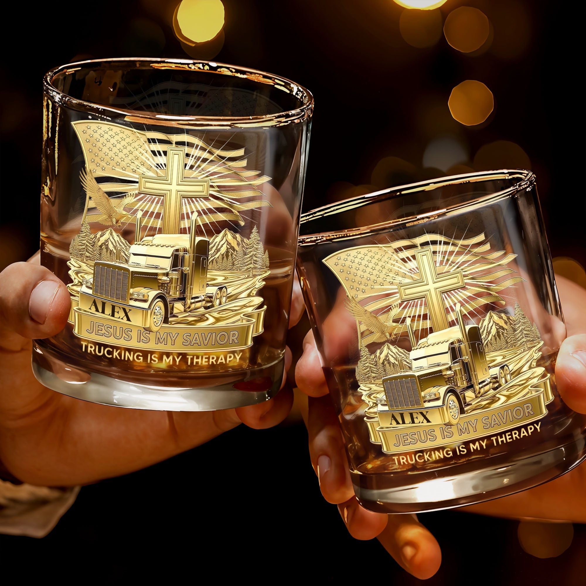 Jesus Is My Savior Trucking Is My Therapy With Cross And Truck Design - Personalized Custom Whiskey Glass - JBS300_RWG