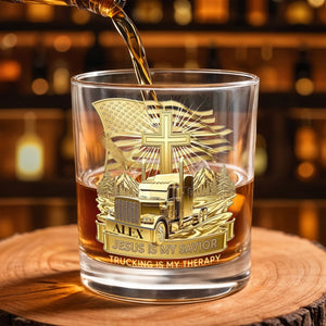 Jesus Is My Savior Trucking Is My Therapy With Cross And Truck Design - Personalized Custom Whiskey Glass - JBS300_RWG