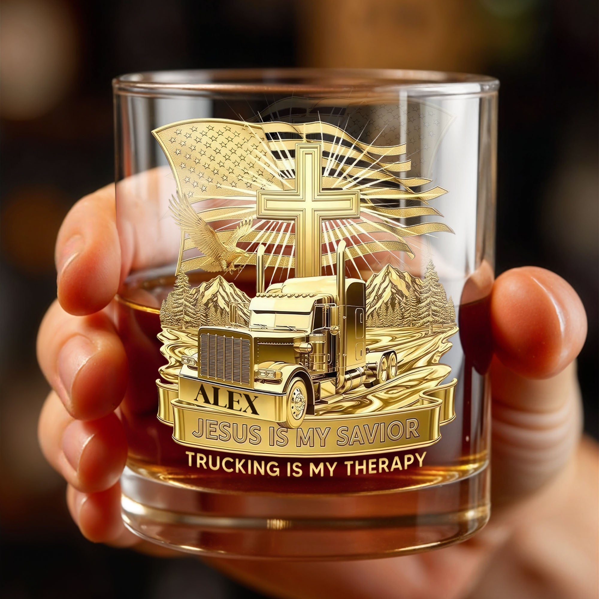 Jesus Is My Savior Trucking Is My Therapy With Cross And Truck Design - Personalized Custom Whiskey Glass - JBS300_RWG
