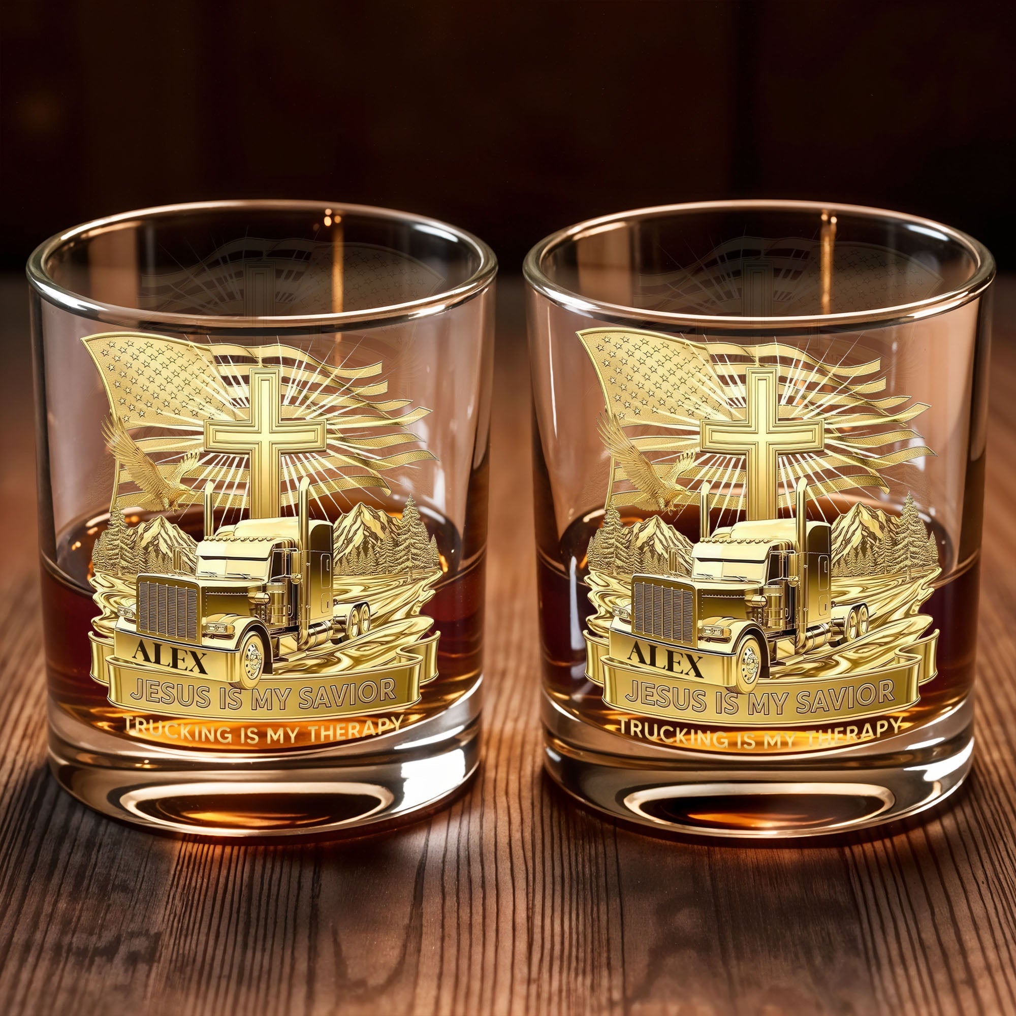 Jesus Is My Savior Trucking Is My Therapy With Cross And Truck Design - Personalized Custom Whiskey Glass - JBS300_RWG
