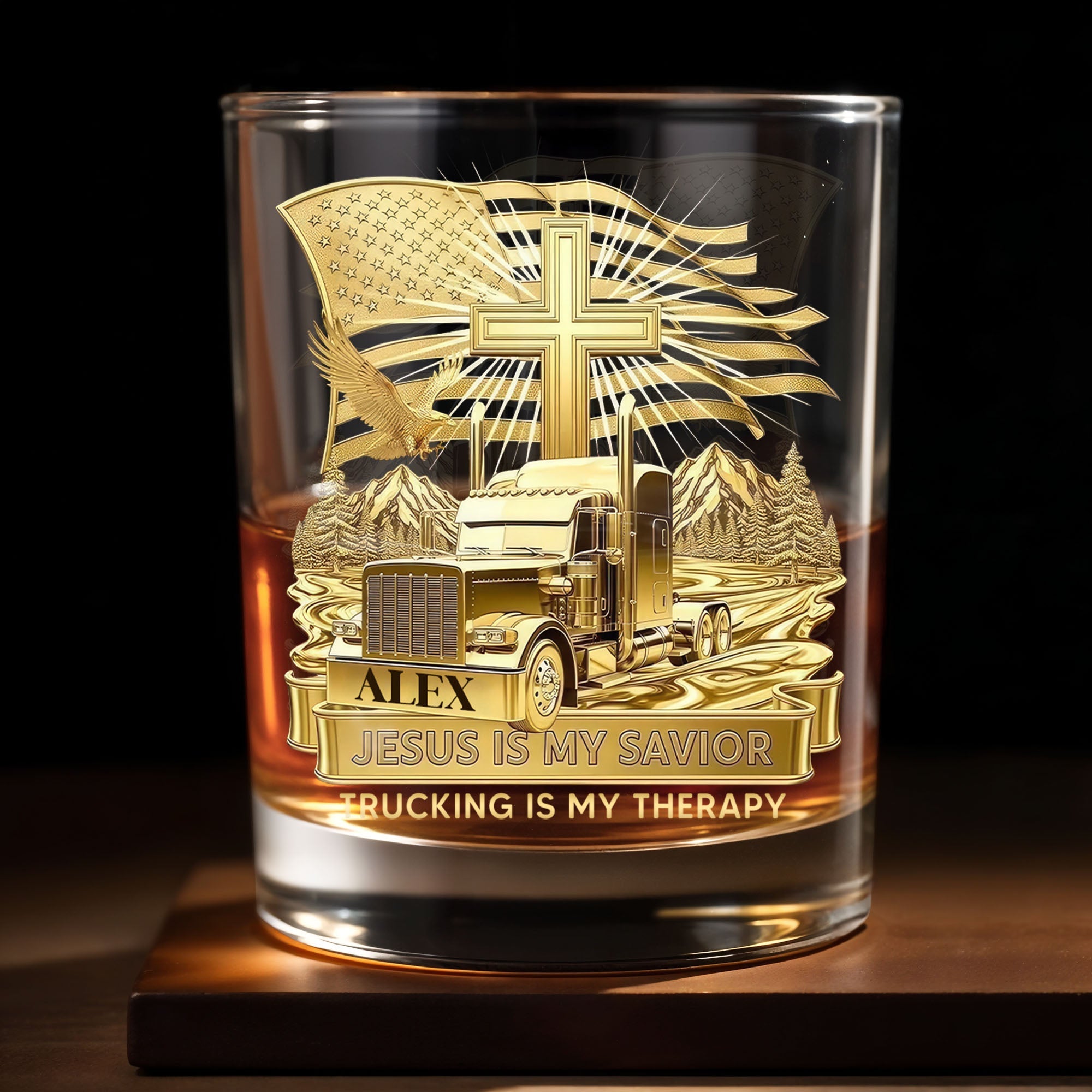 Jesus Is My Savior Trucking Is My Therapy With Cross And Truck Design - Personalized Custom Whiskey Glass - JBS300_RWG