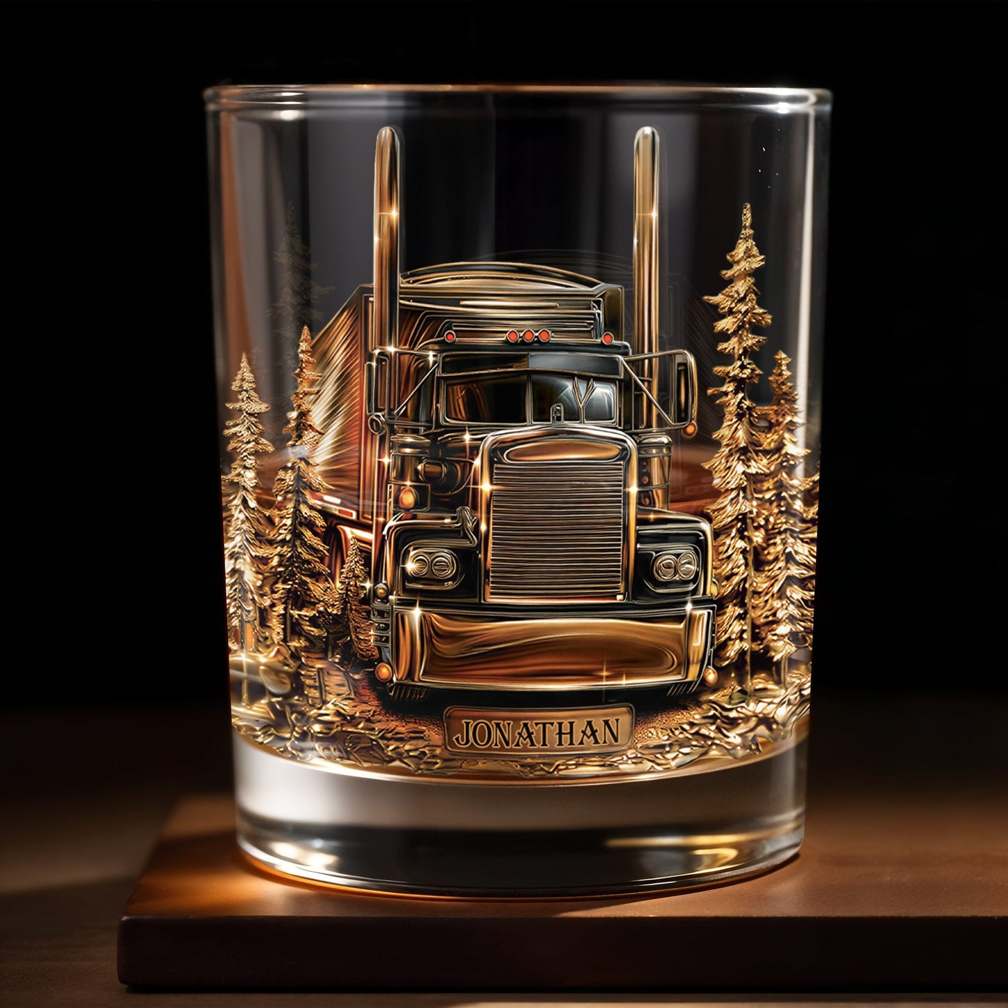 King Of The Road Semi Truck With Pine Trees - Personalized Custom Whiskey Glass - JBS302_RWG