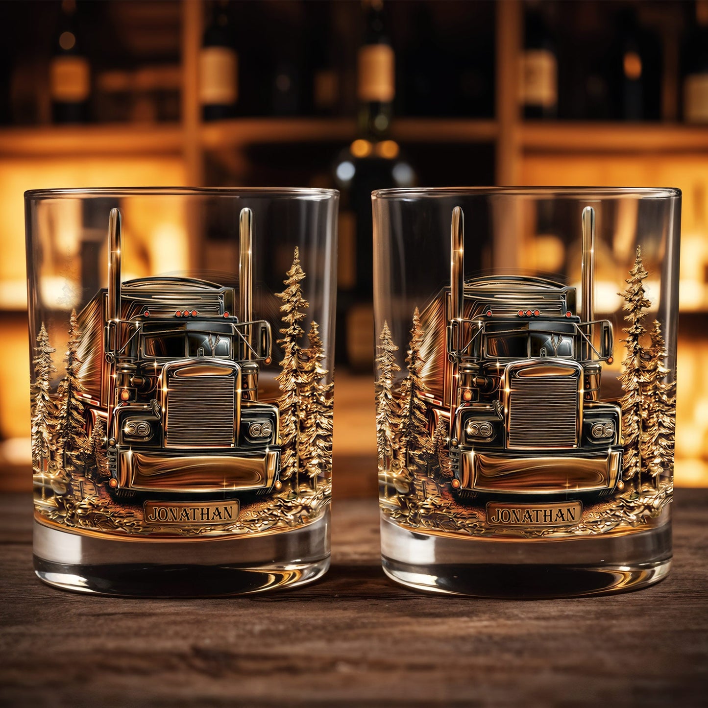 King Of The Road Semi Truck With Pine Trees - Personalized Custom Whiskey Glass - JBS302_RWG