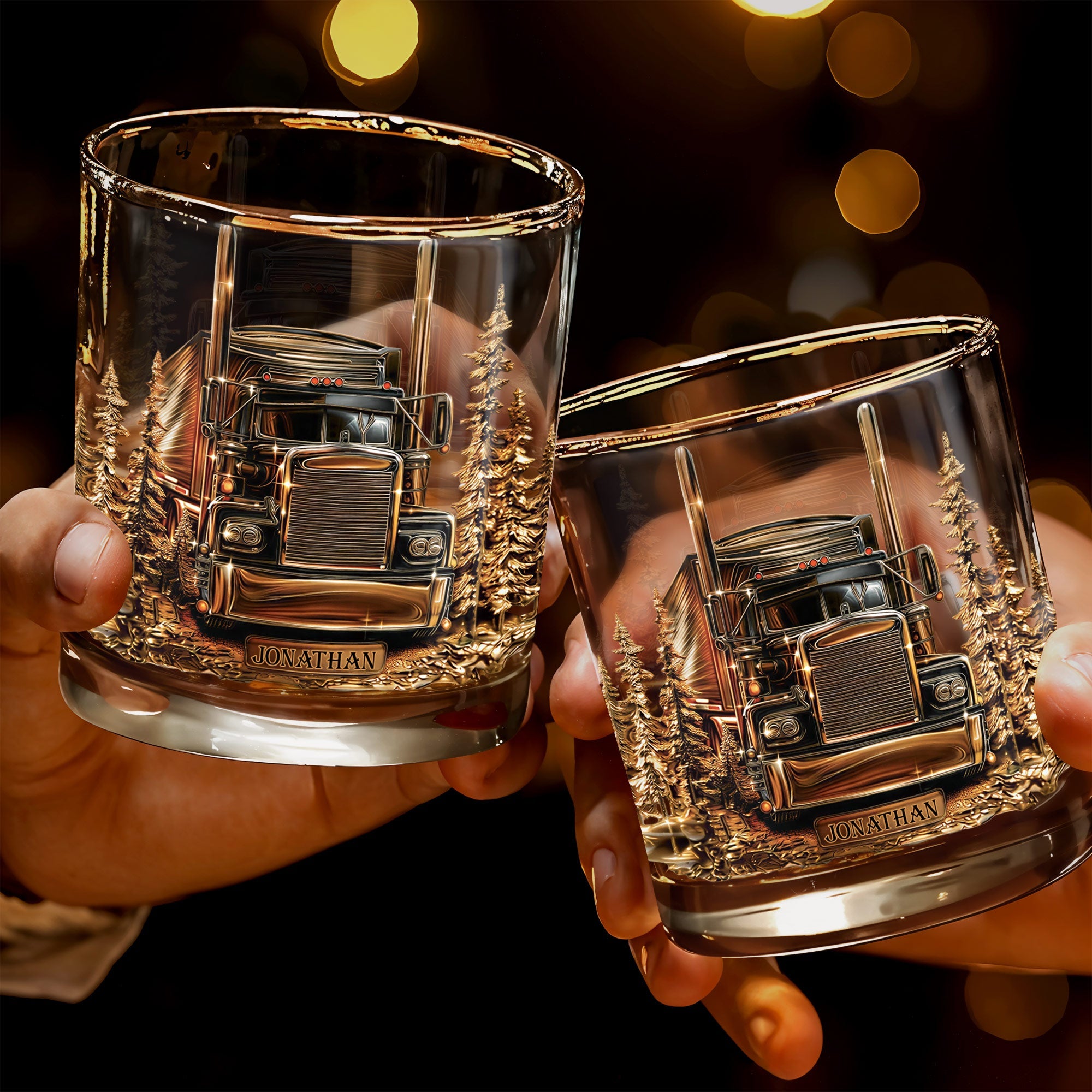 King Of The Road Semi Truck With Pine Trees - Personalized Custom Whiskey Glass - JBS302_RWG
