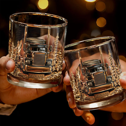 King Of The Road Semi Truck With Pine Trees - Personalized Custom Whiskey Glass - JBS302_RWG