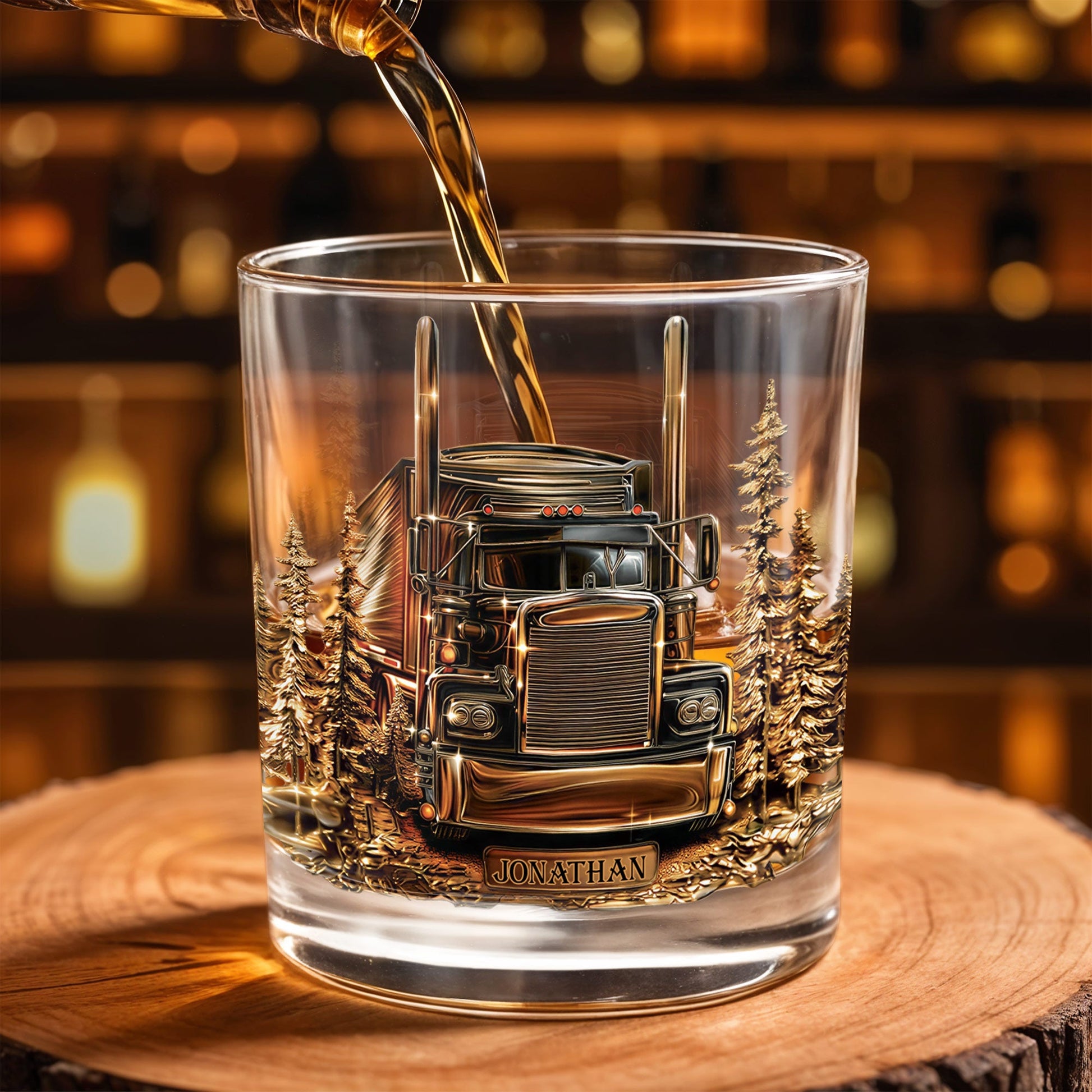King Of The Road Semi Truck With Pine Trees - Personalized Custom Whiskey Glass - JBS302_RWG