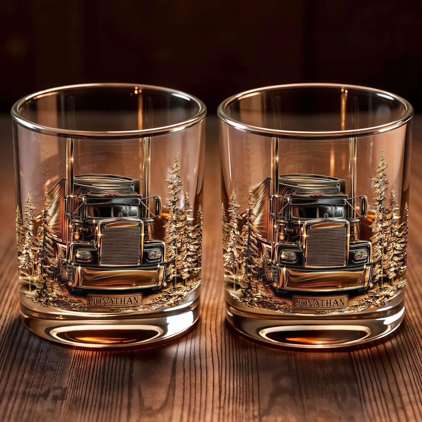 King Of The Road Semi Truck With Pine Trees - Personalized Custom Whiskey Glass - JBS302_RWG