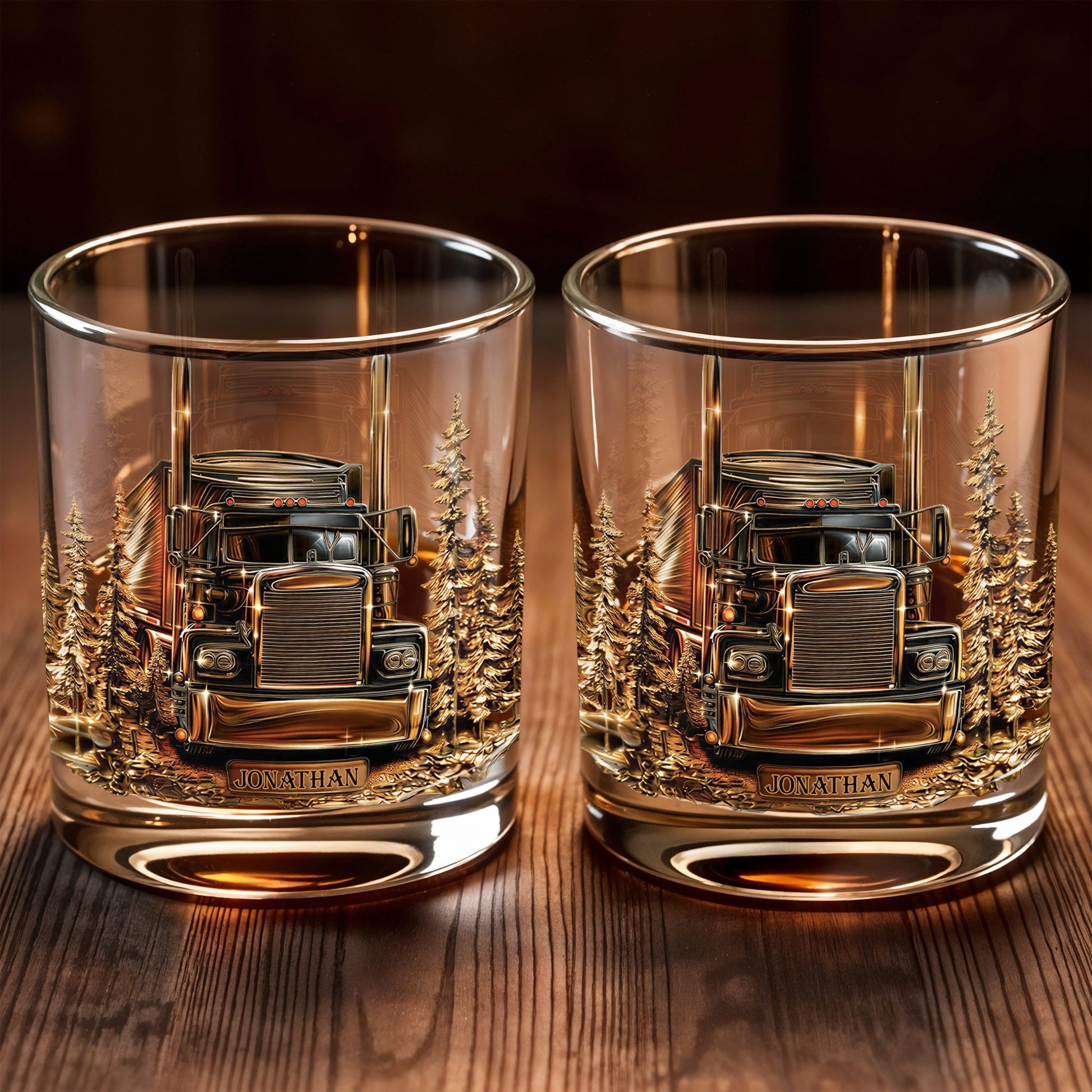 King Of The Road Semi Truck With Pine Trees - Personalized Custom Whiskey Glass - JBS302_RWG