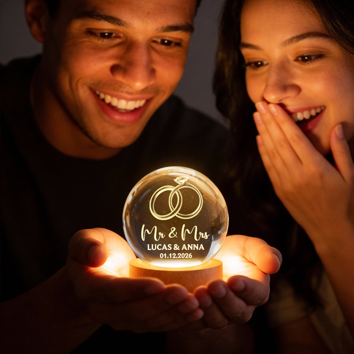 Couple Wedding Rings Interlocked - Personalized Crystal Ball LED Night Light