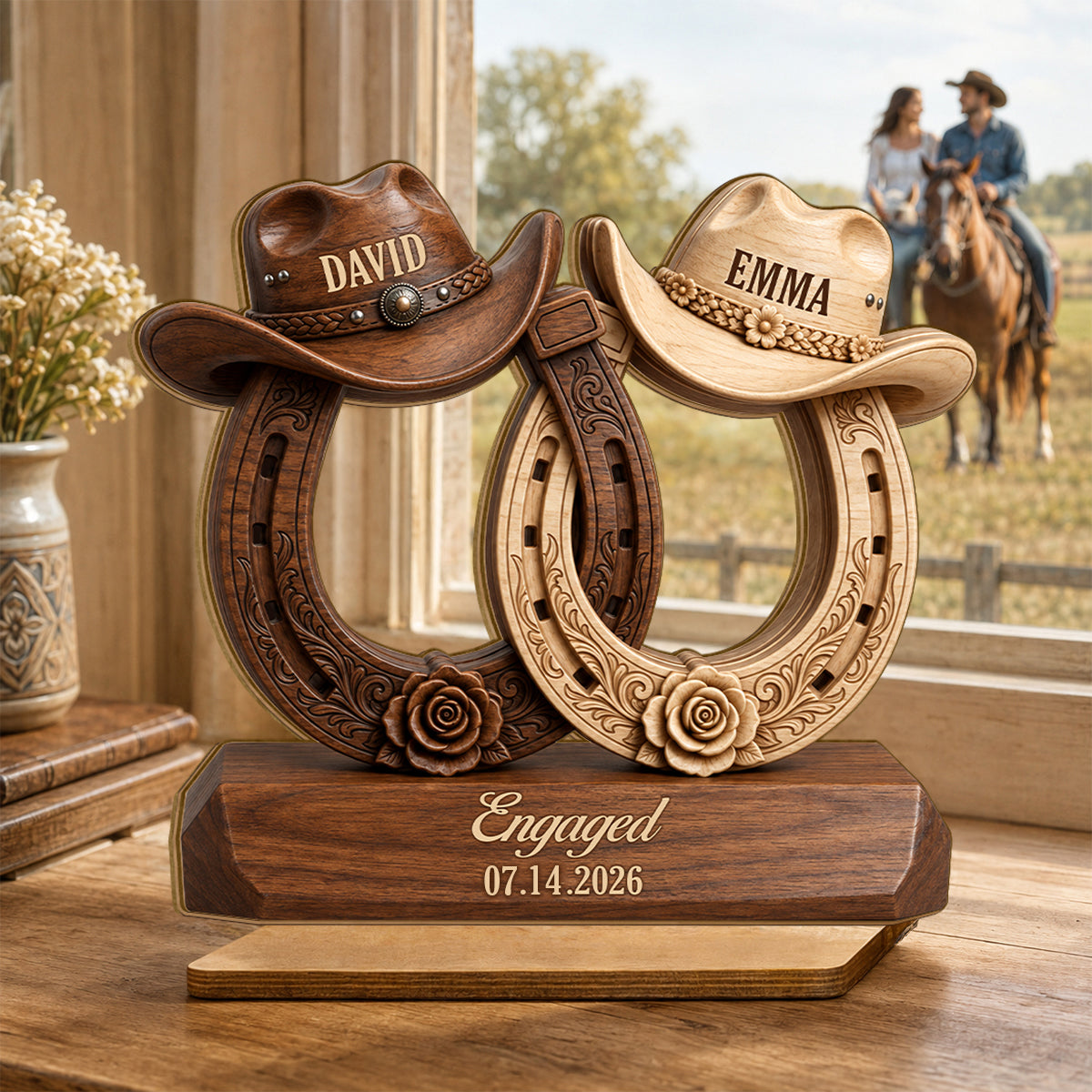Couple Cowboy Hat Horseshoe - Personalized 2-Layered Wooden Plaque