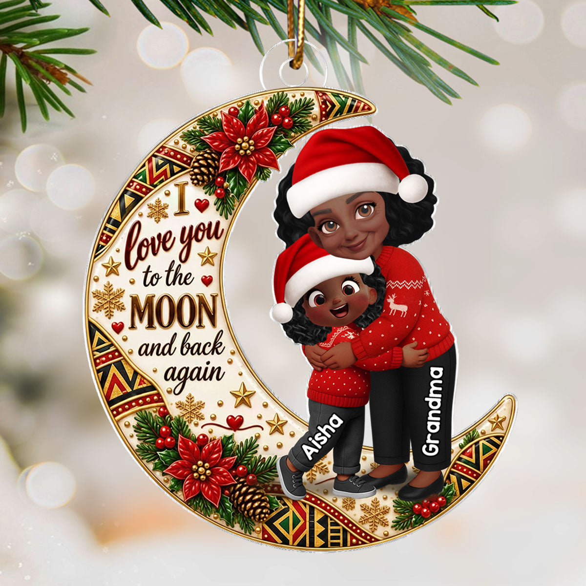 Tribal Pattern Christmas Grandma Grandkid Love You To The Moon And Back - Personalized Acrylic Ornament