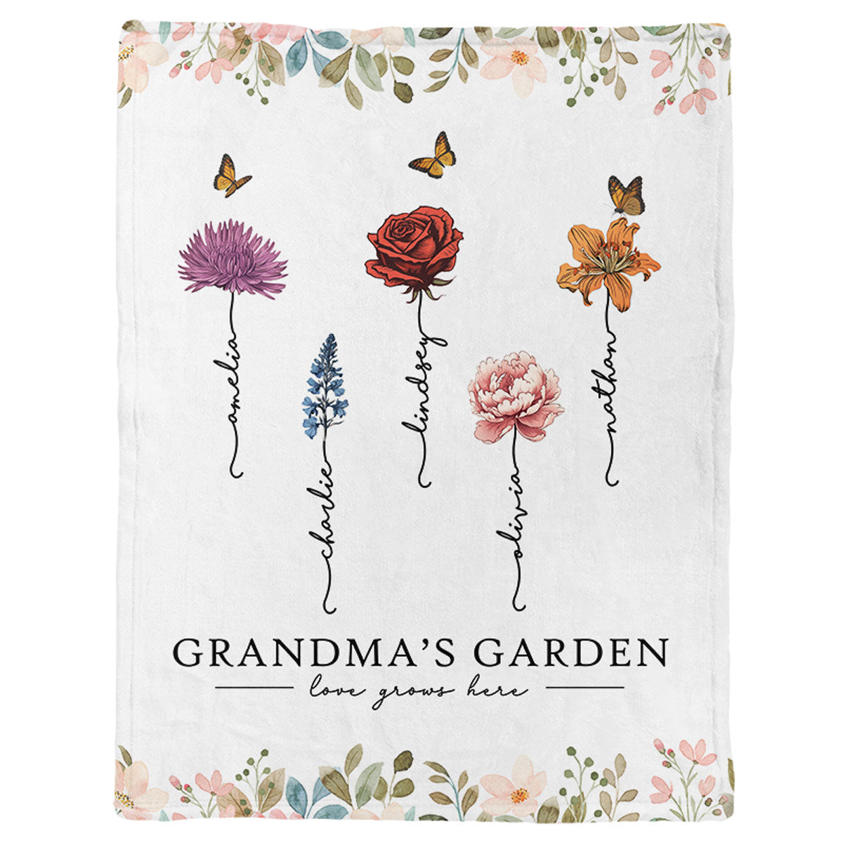 Grandma's Garden Love Grows Here Birth Month Flower - Personalized Fleece Blanket